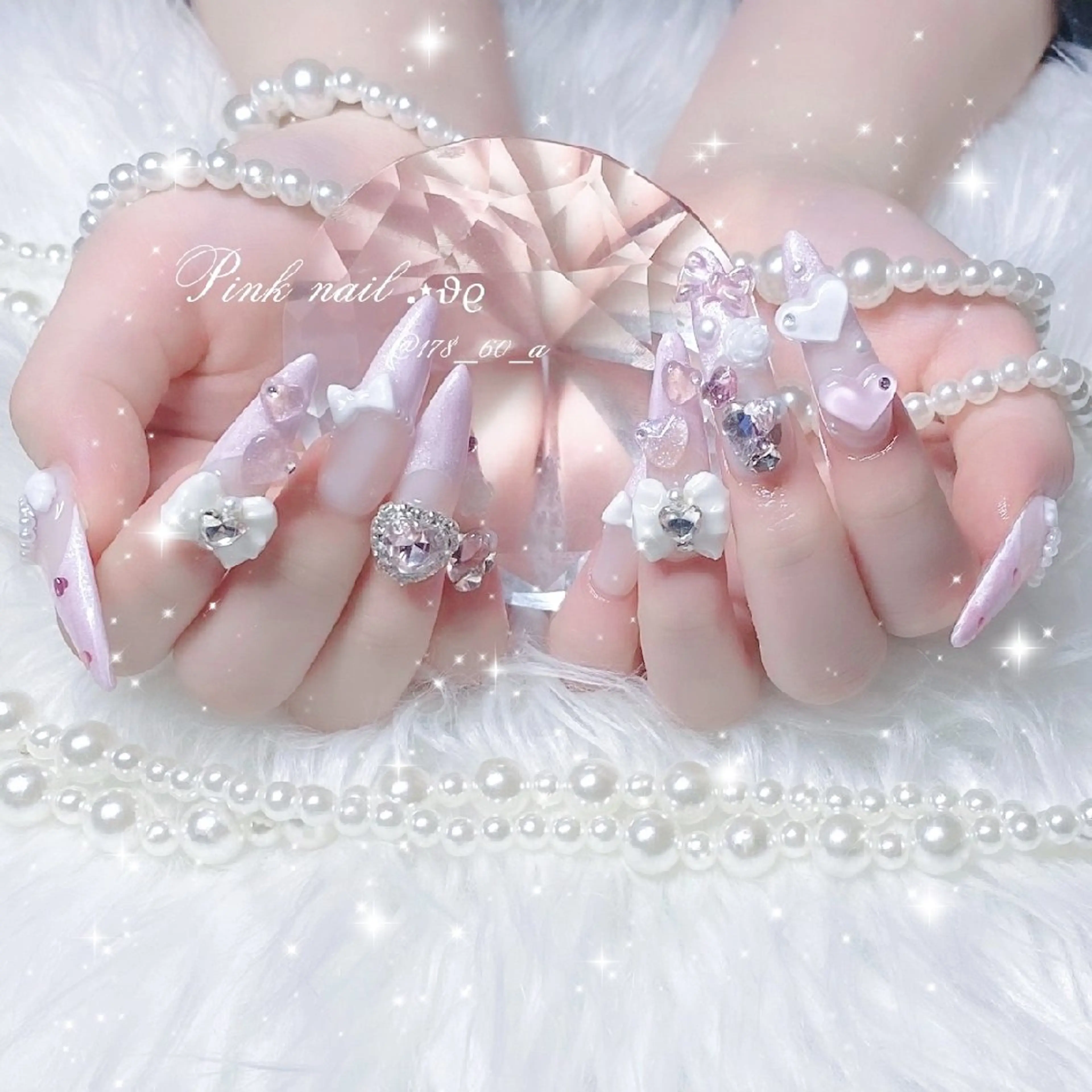 ネイル フレンチネイル ハート ピンク リボン スカルプネイル ハンドネイル HAPPINAS れん┊痛ネイル&3Dのネイルデザイン