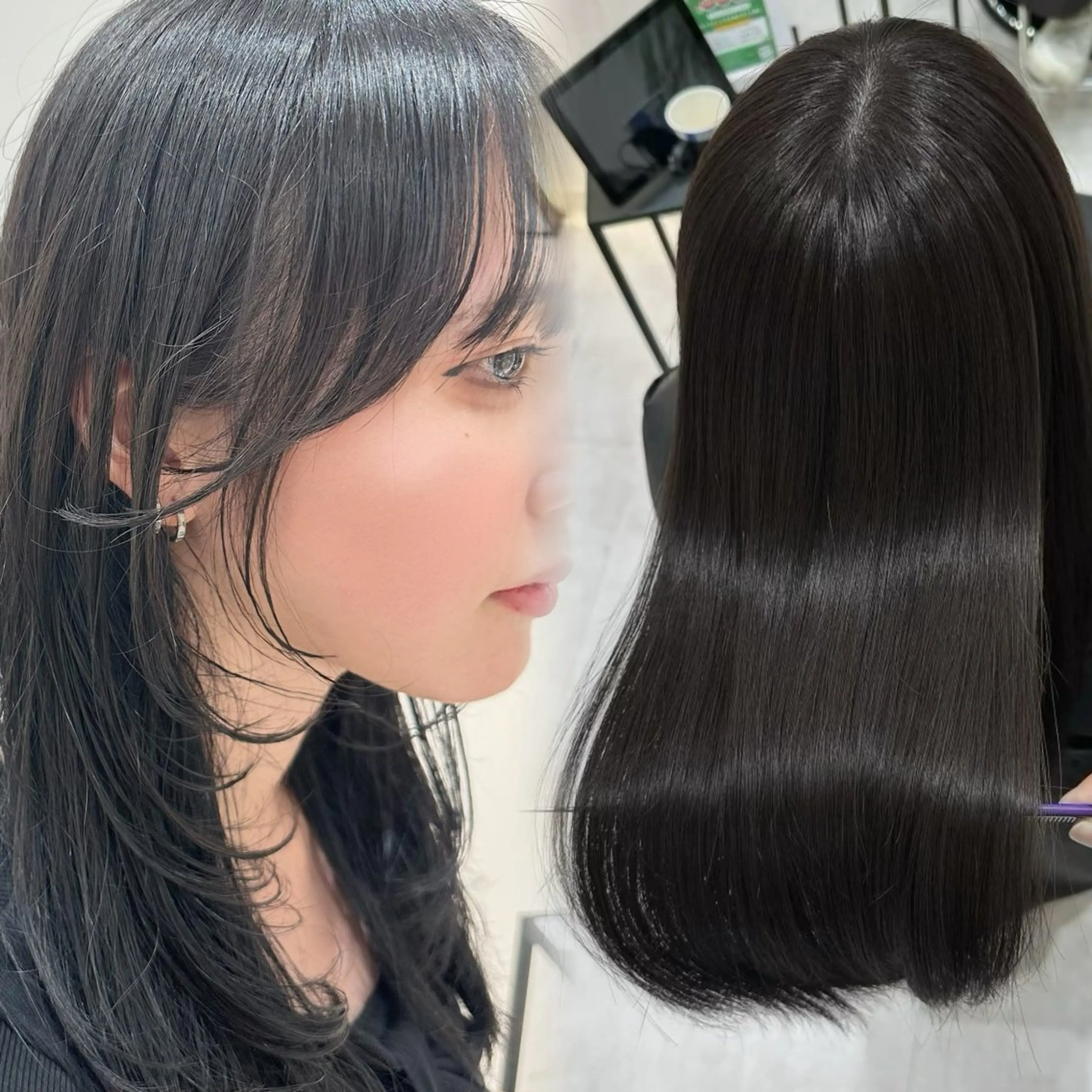 ロング カラー 透明感カラー オリーブカラー 顔周りカット カット ヘアカラー トリートメント 赤み消し/オリーブ カーキ/福田れんのヘアスタイル