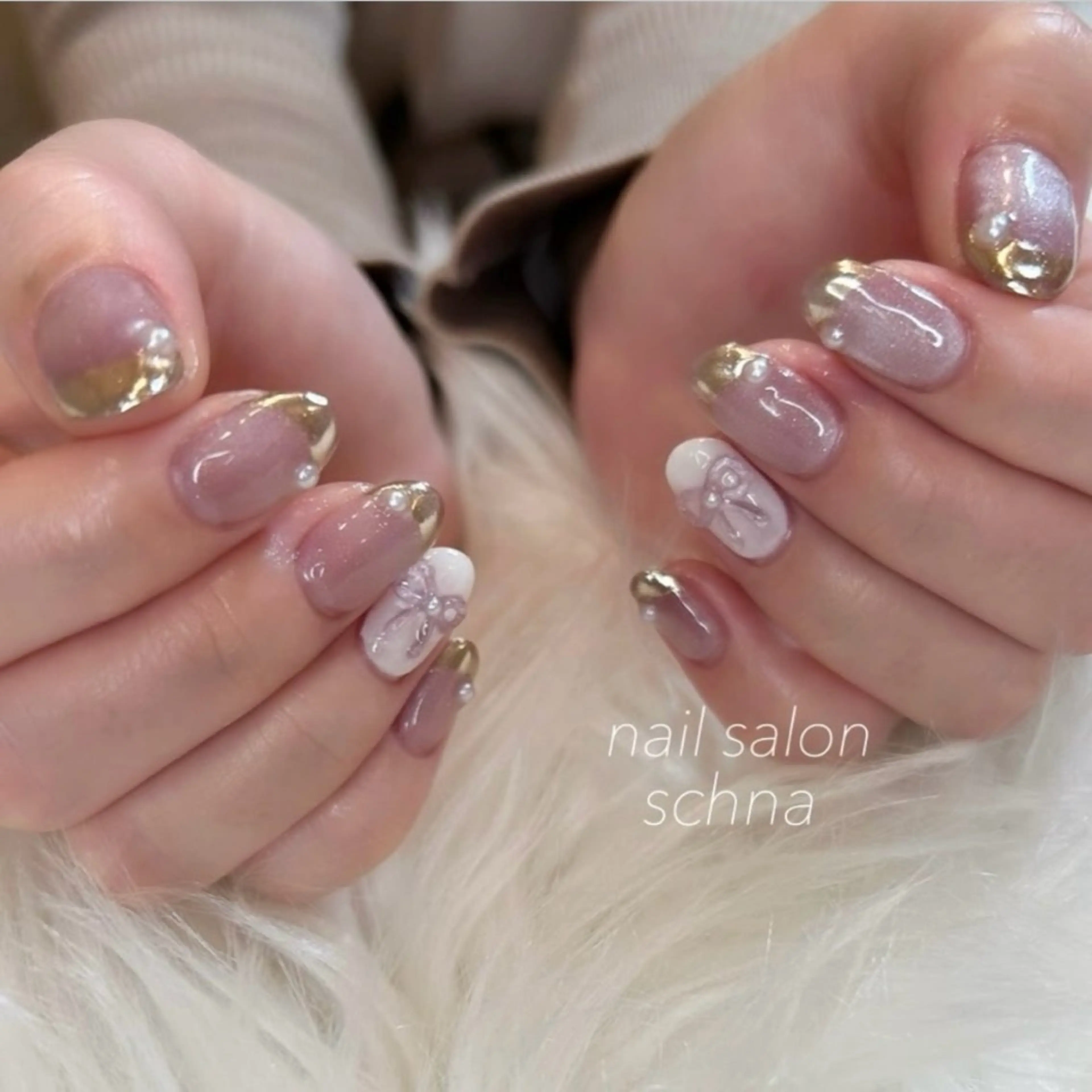 ネイル アートネイル フレンチネイル マグネットネイル ミラーネイル リボン nail salon schnaのネイルデザイン