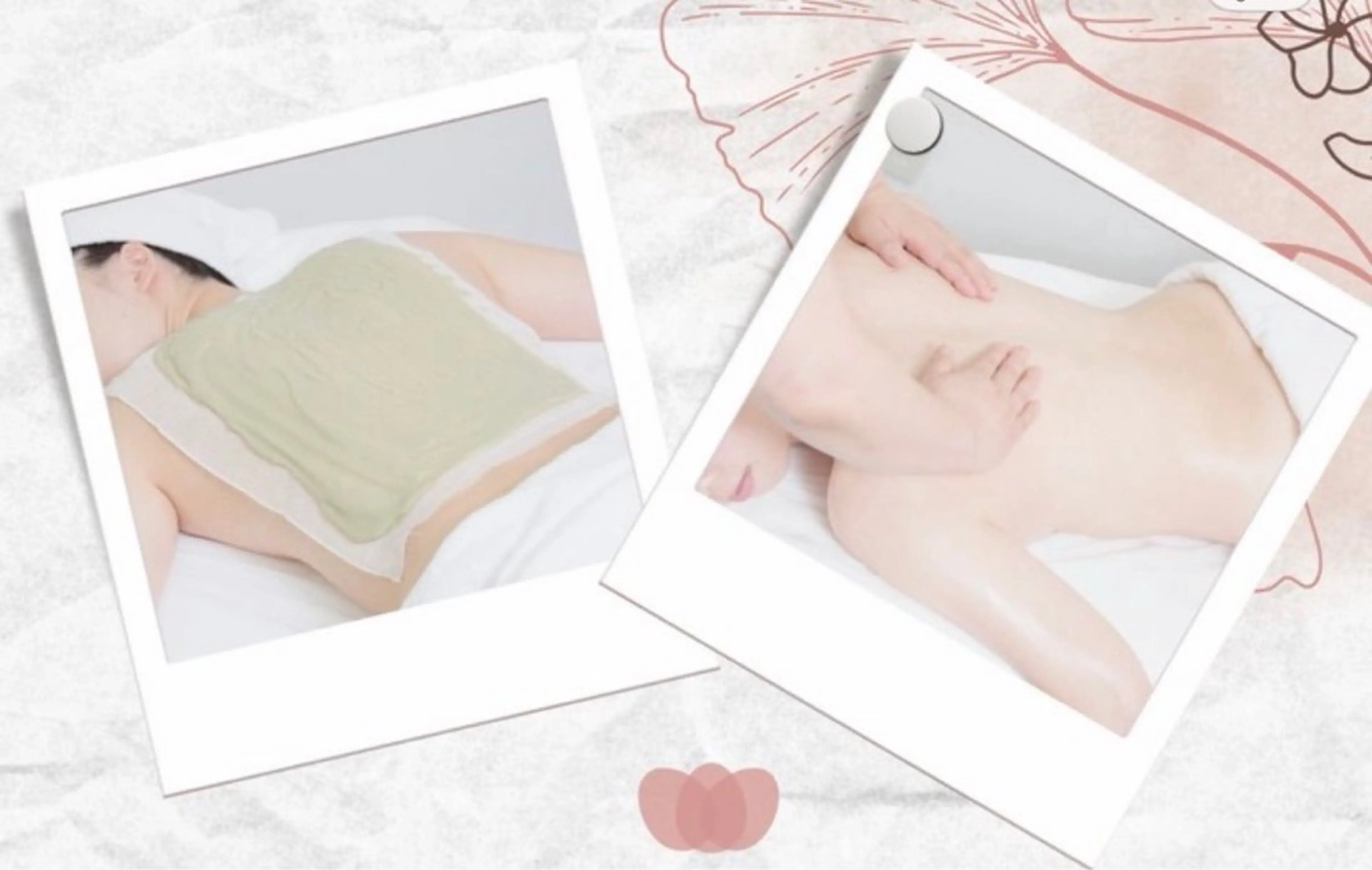 【背中美人コース】ホットケア→角質ケア（ピーリング）→デトックスパック→保湿クリーム＆浮腫解消ジェル塗布→お仕上げの写真