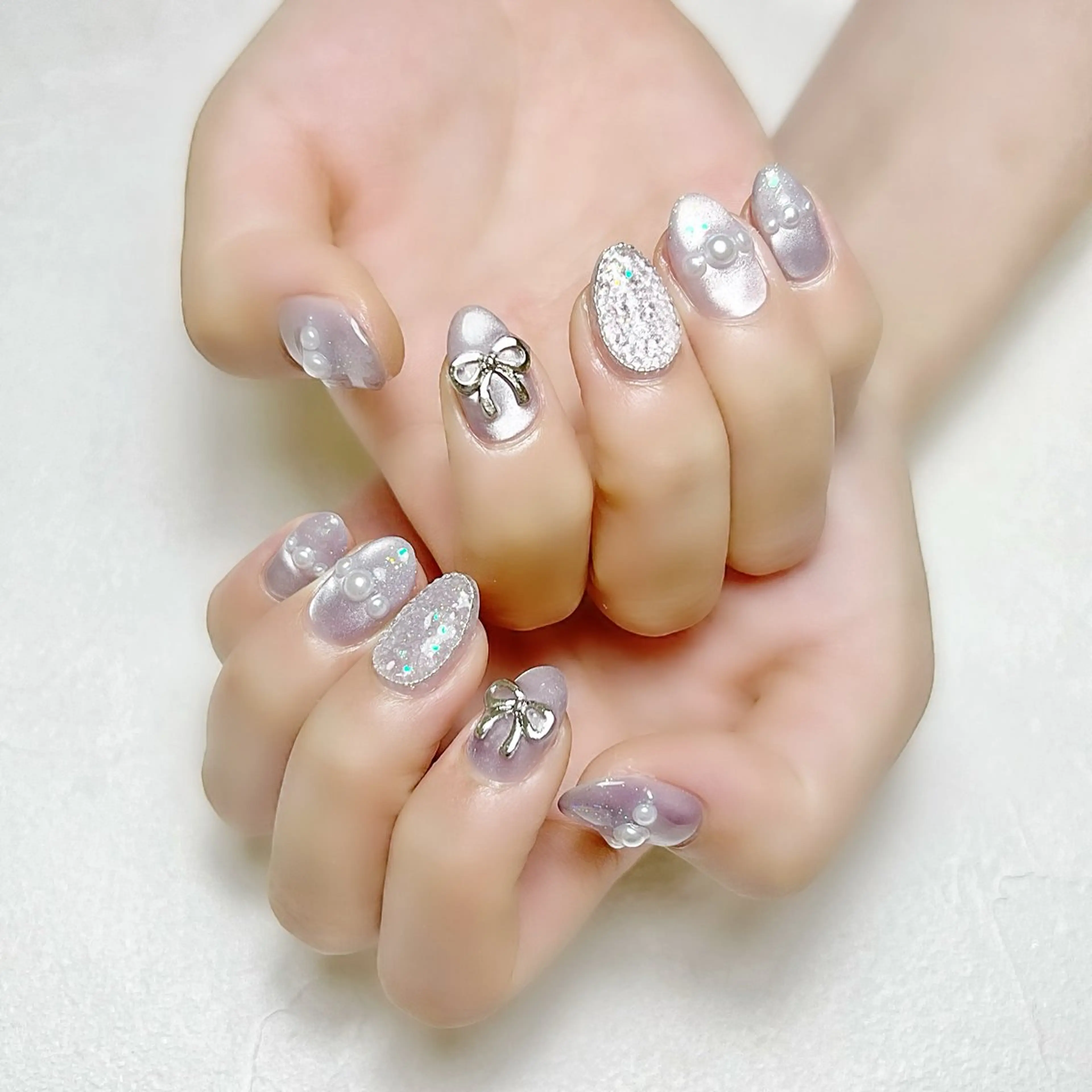 ネイル ブルー マグネットネイル オフィスネイル ワンカラーネイル リボン rouse nail RISATOのネイルデザイン