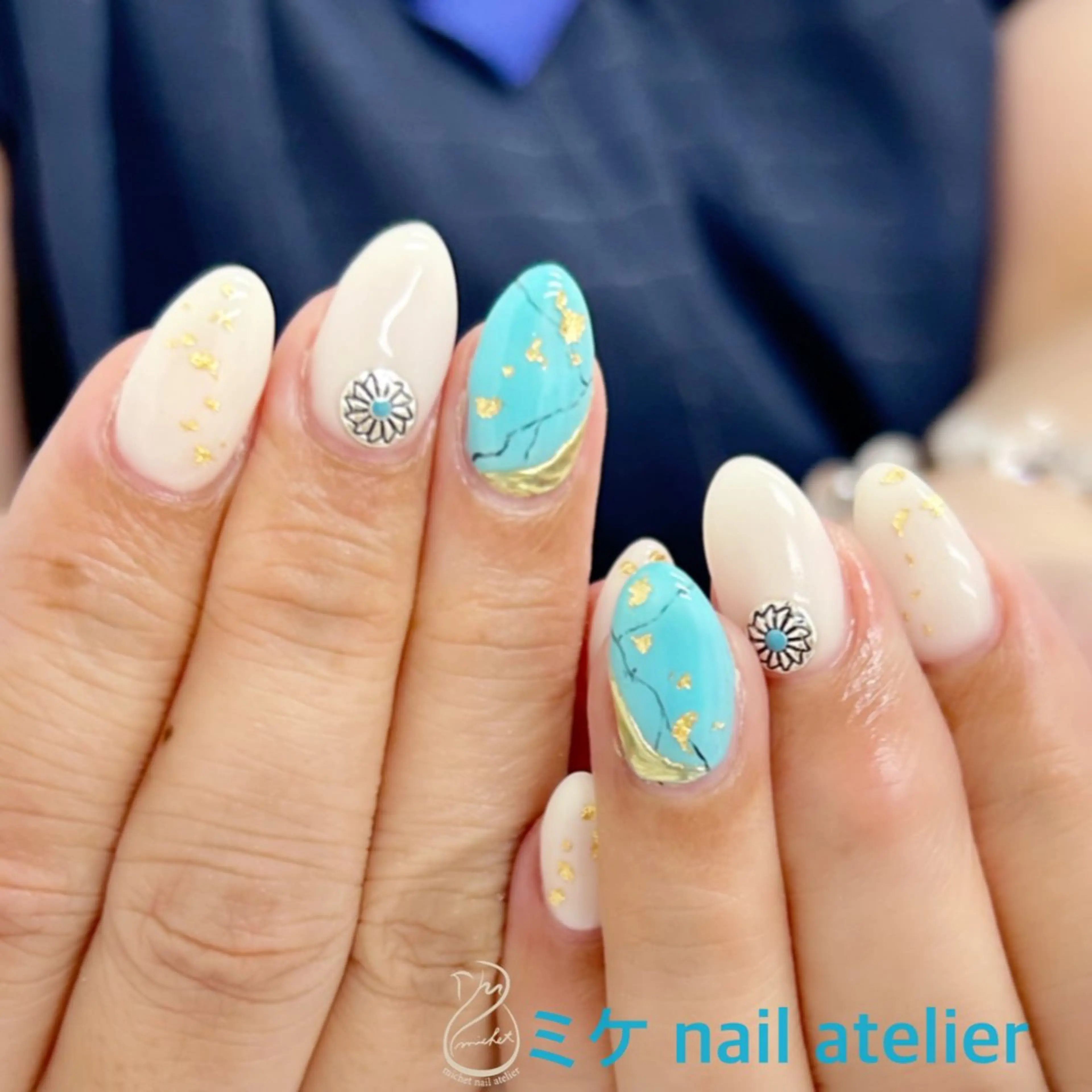 ネイル アートネイル ブルー ジェルネイル ゴールド ミラーネイル ハンドネイル h. rikaのネイルデザイン