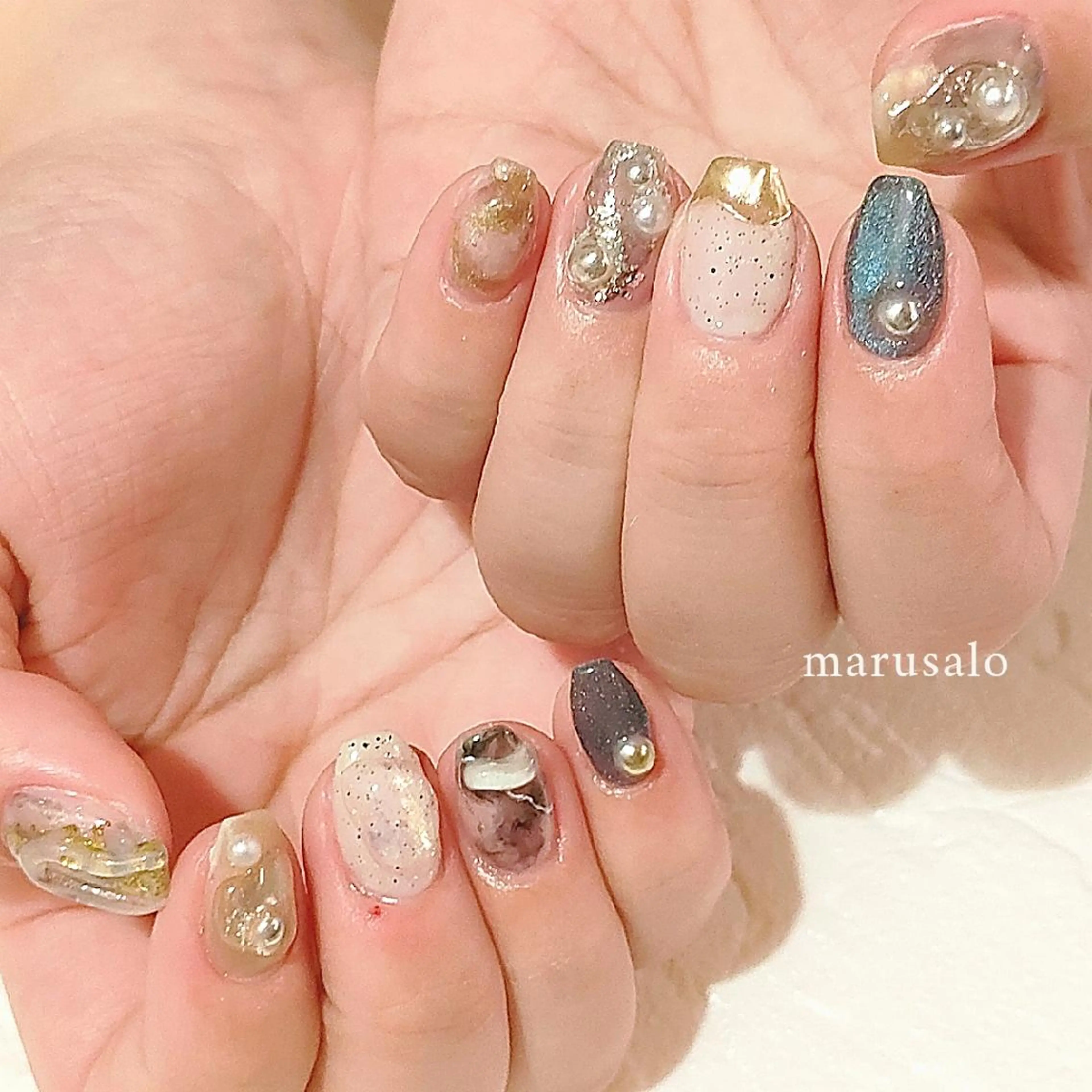 ネイル マグネットネイル ミラーネイル ニュアンスネイル 春ネイル ハンドネイル marusalo nailのネイルデザイン