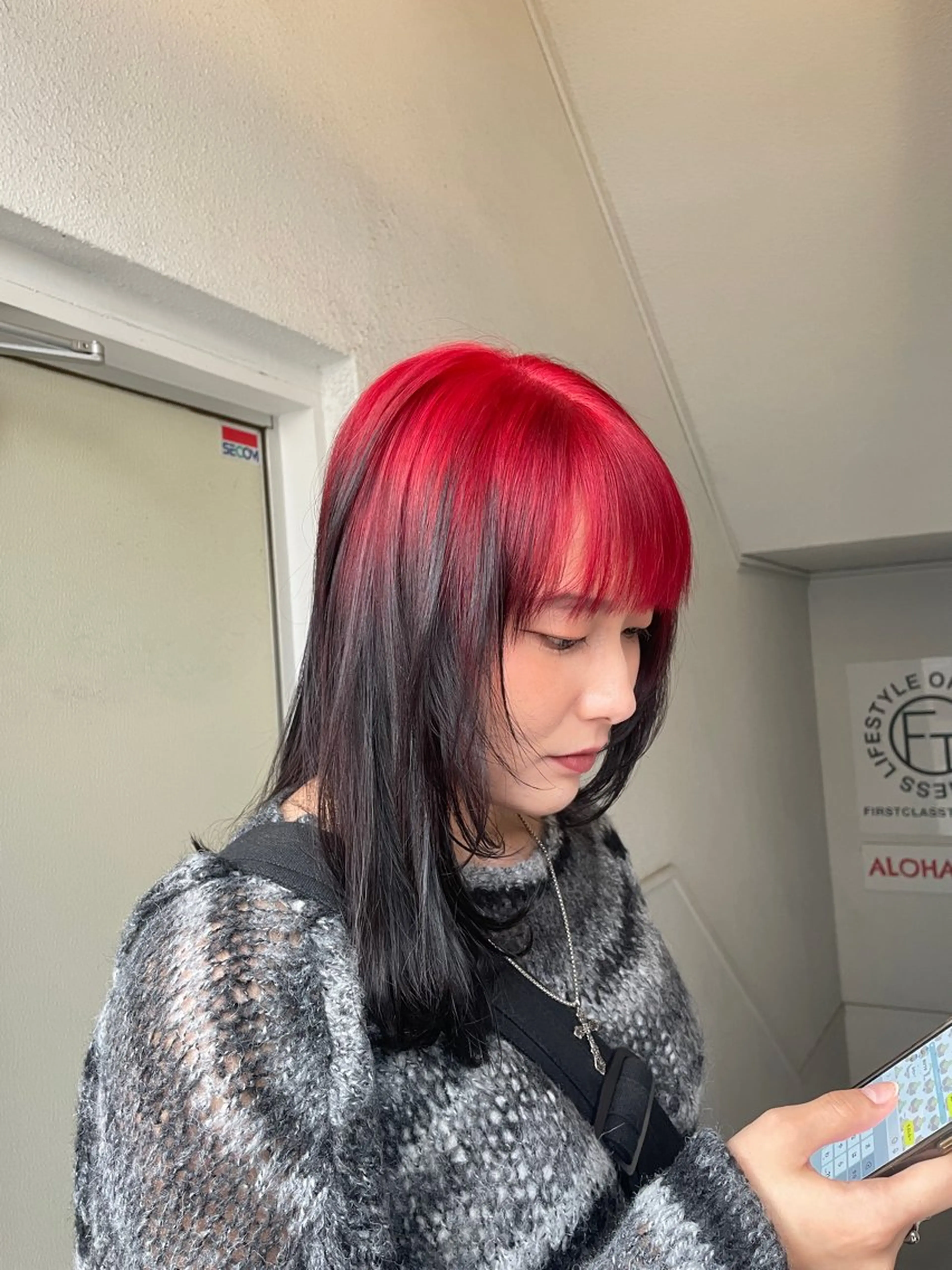 セミロング カラー 黒髪 デザインカラー レッドカラー chloe 【クロエ】のヘアスタイル