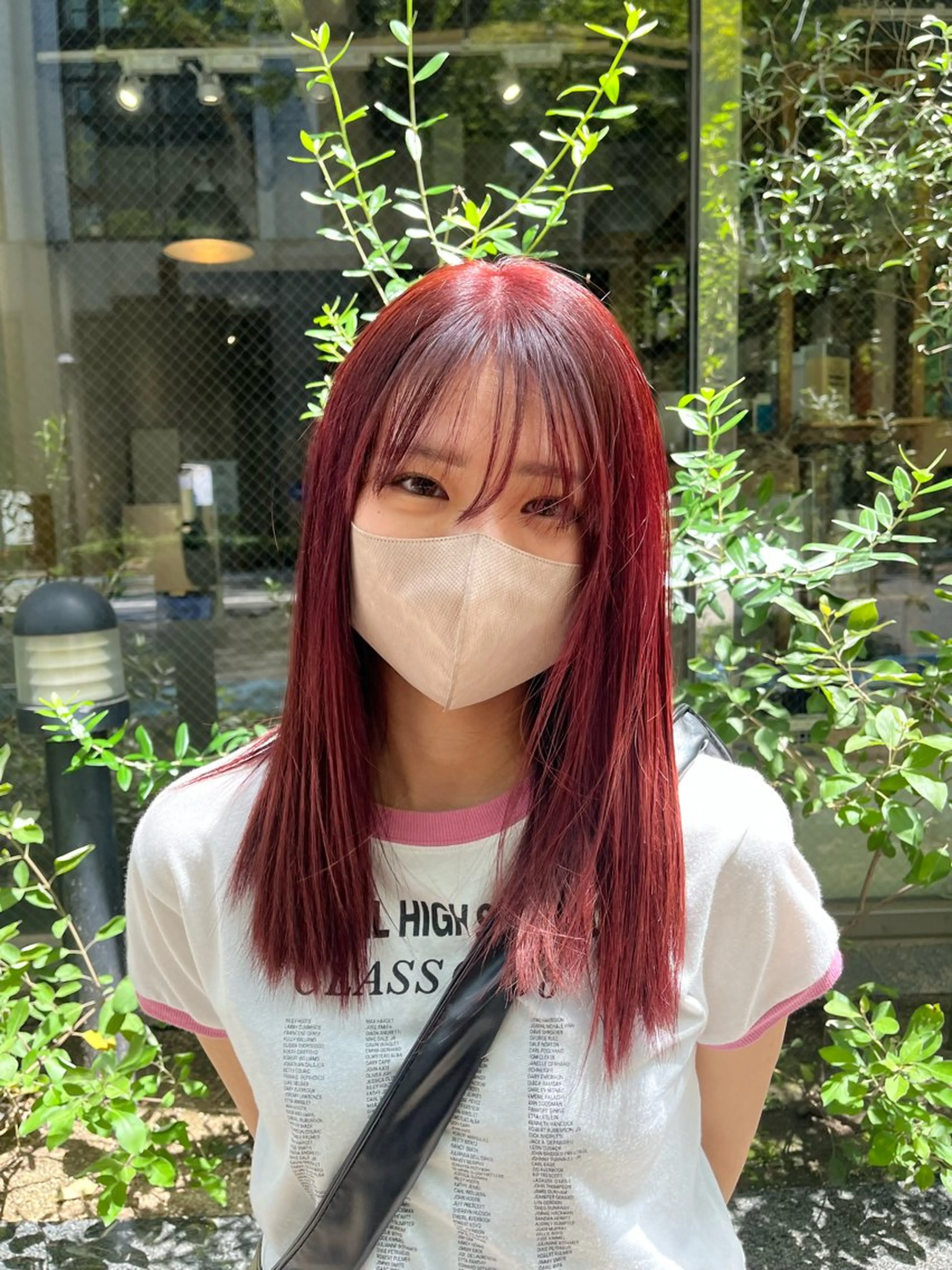 カラー レッドカラー ヘアカラー トリートメント えんぐちとも／透明感 カラー／博多ボブのヘアスタイル