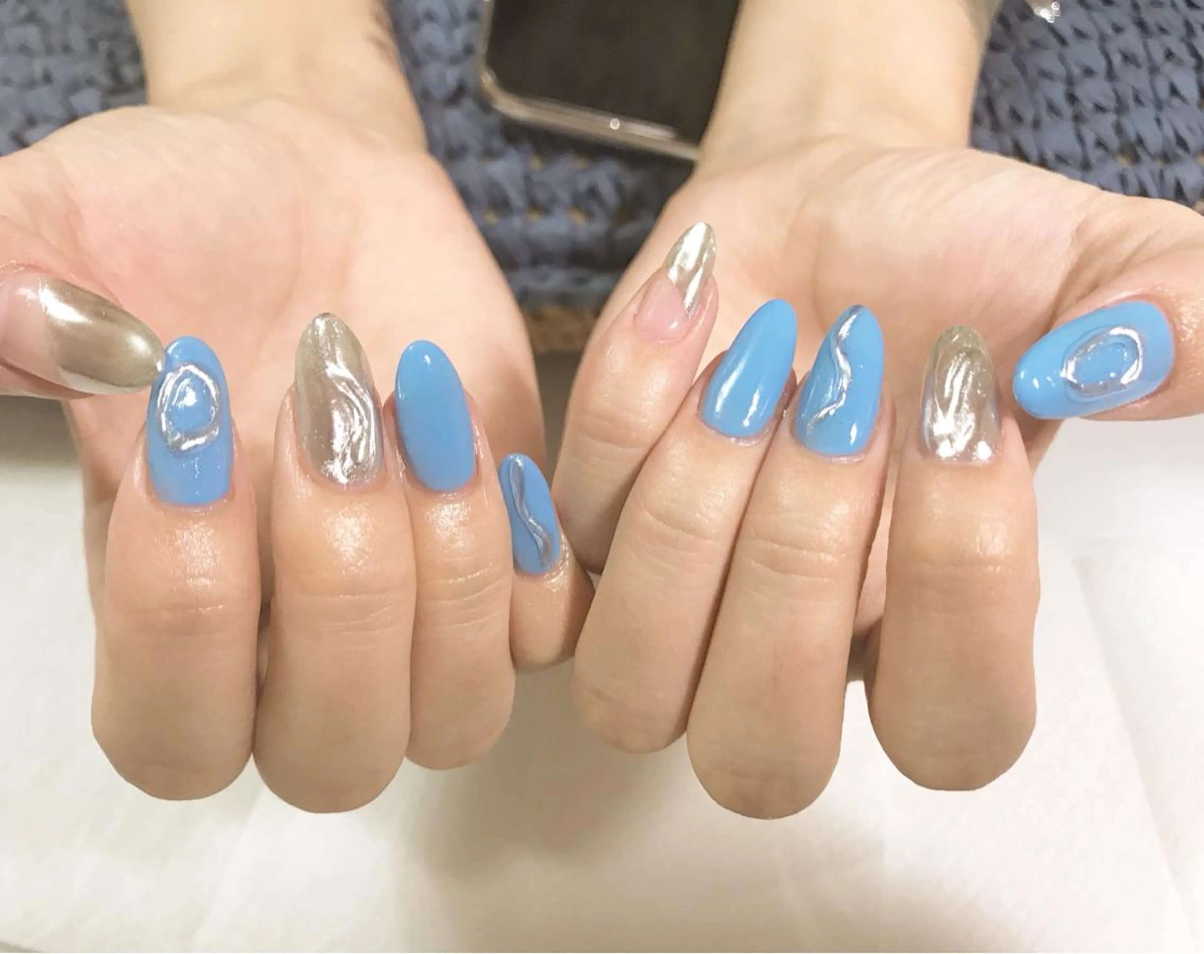 ネイル ブルー フットネイル ミラーネイル ニュアンスネイル シンプルネイル ネイル フフラ所属・nail fufla ♡yamane♡のネイルデザイン