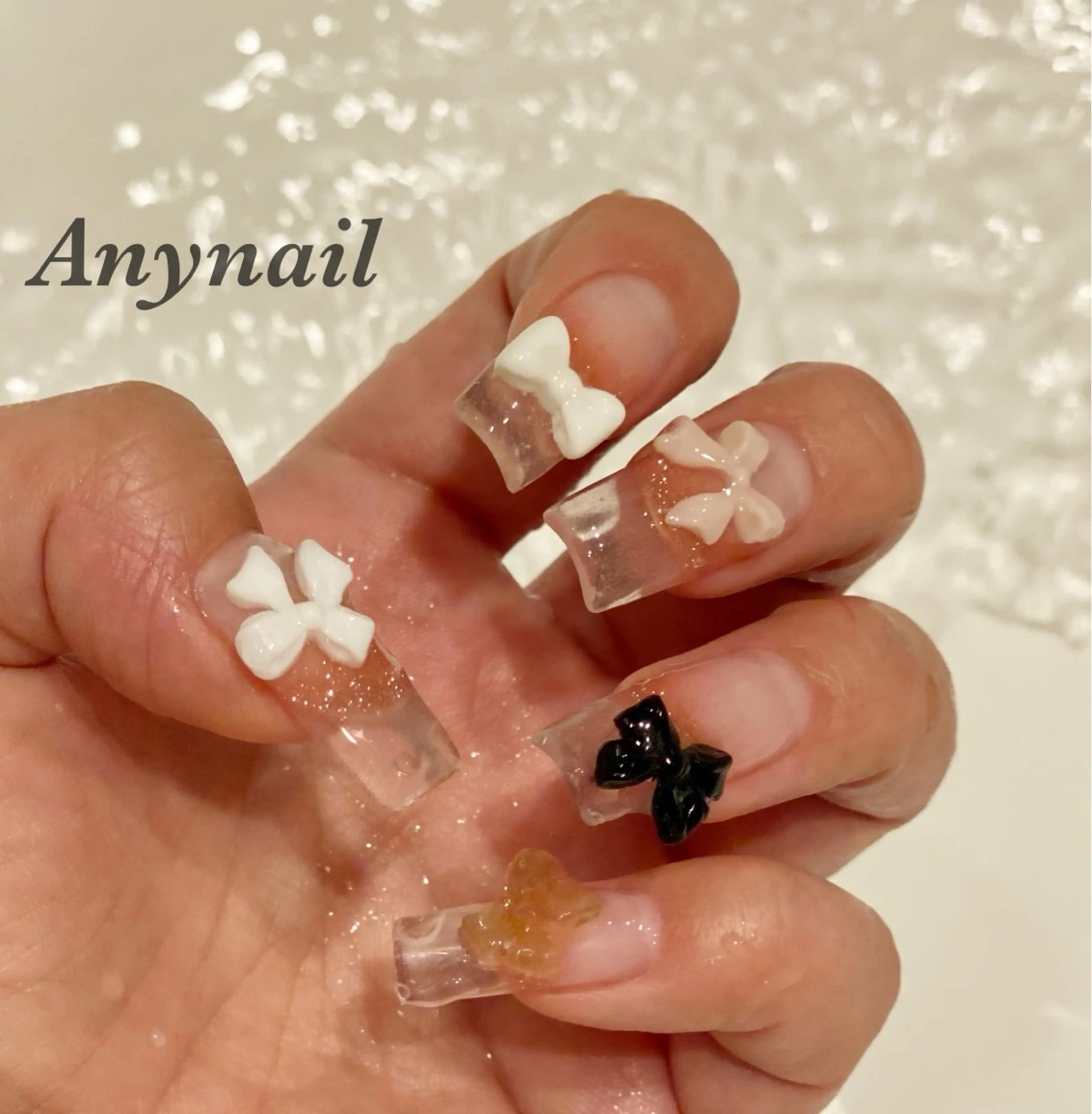 ネイル ブルー クリアネイル リボン スカルプネイル ハンドネイル 岩澤 恵子のネイルデザイン