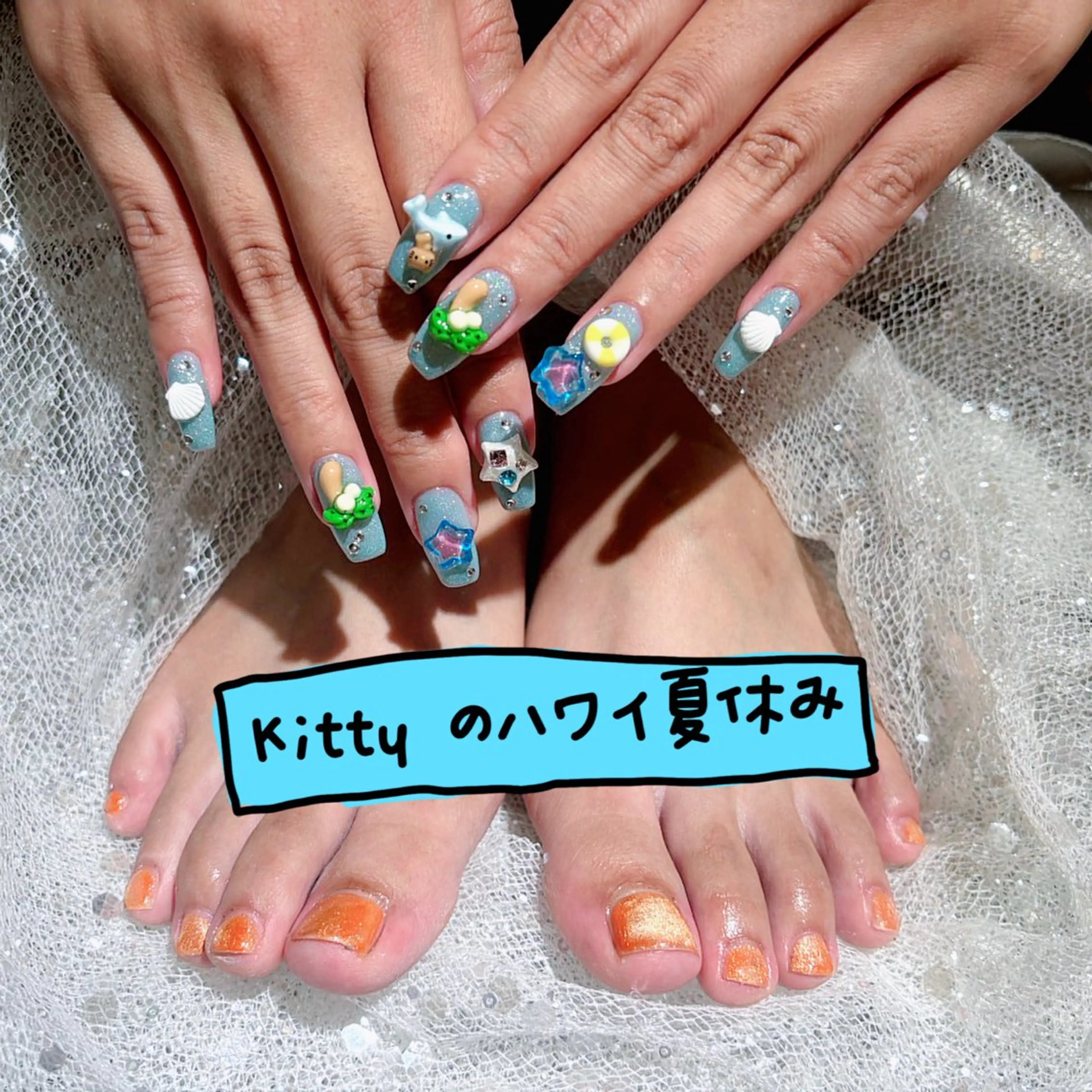 ネイル フットネイル リボン、ガーリー パーツ放題専門店のネイルデザイン