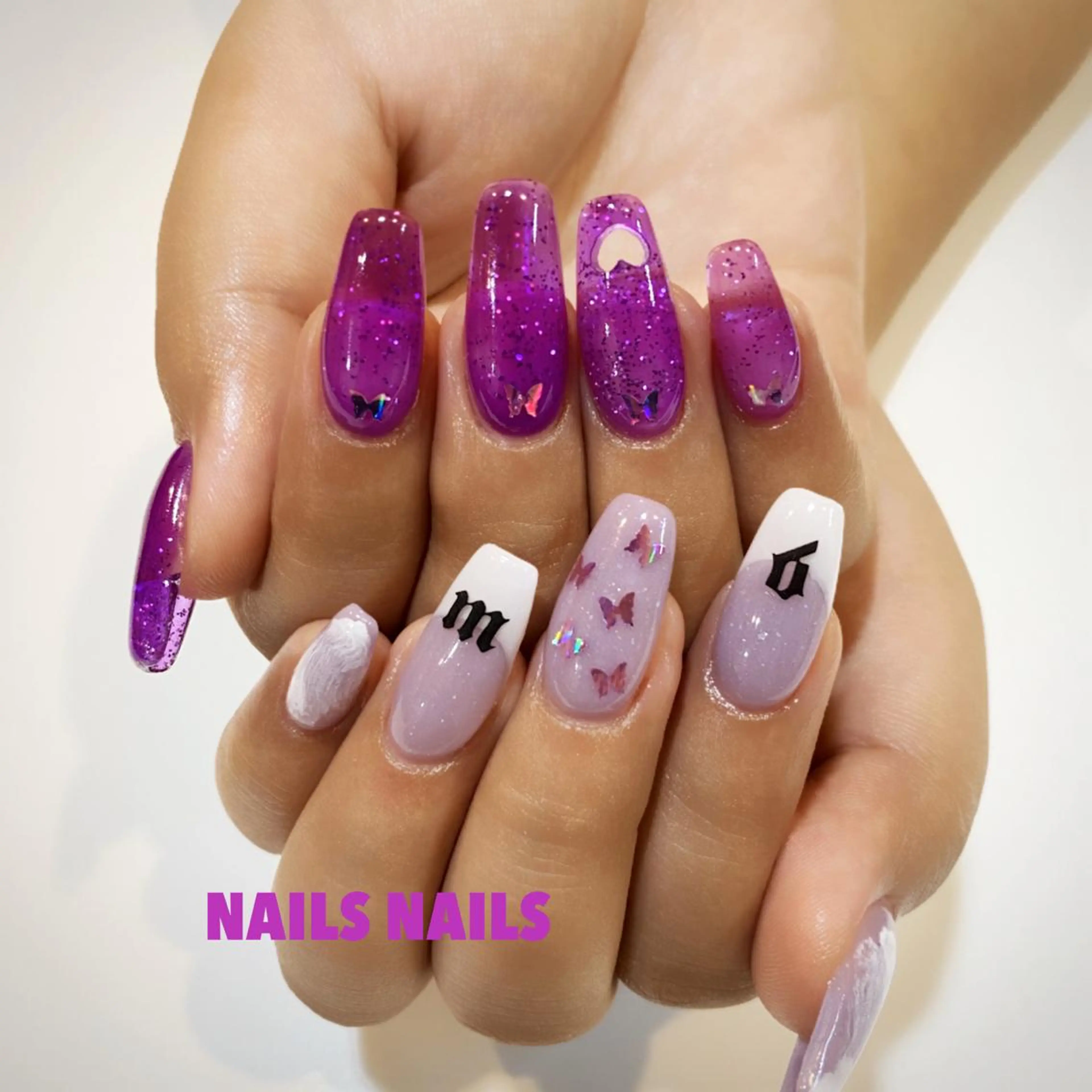 ネイル フレンチネイル ハート パープル スカルプネイル NAILSNAILS ERIKAのネイルデザイン