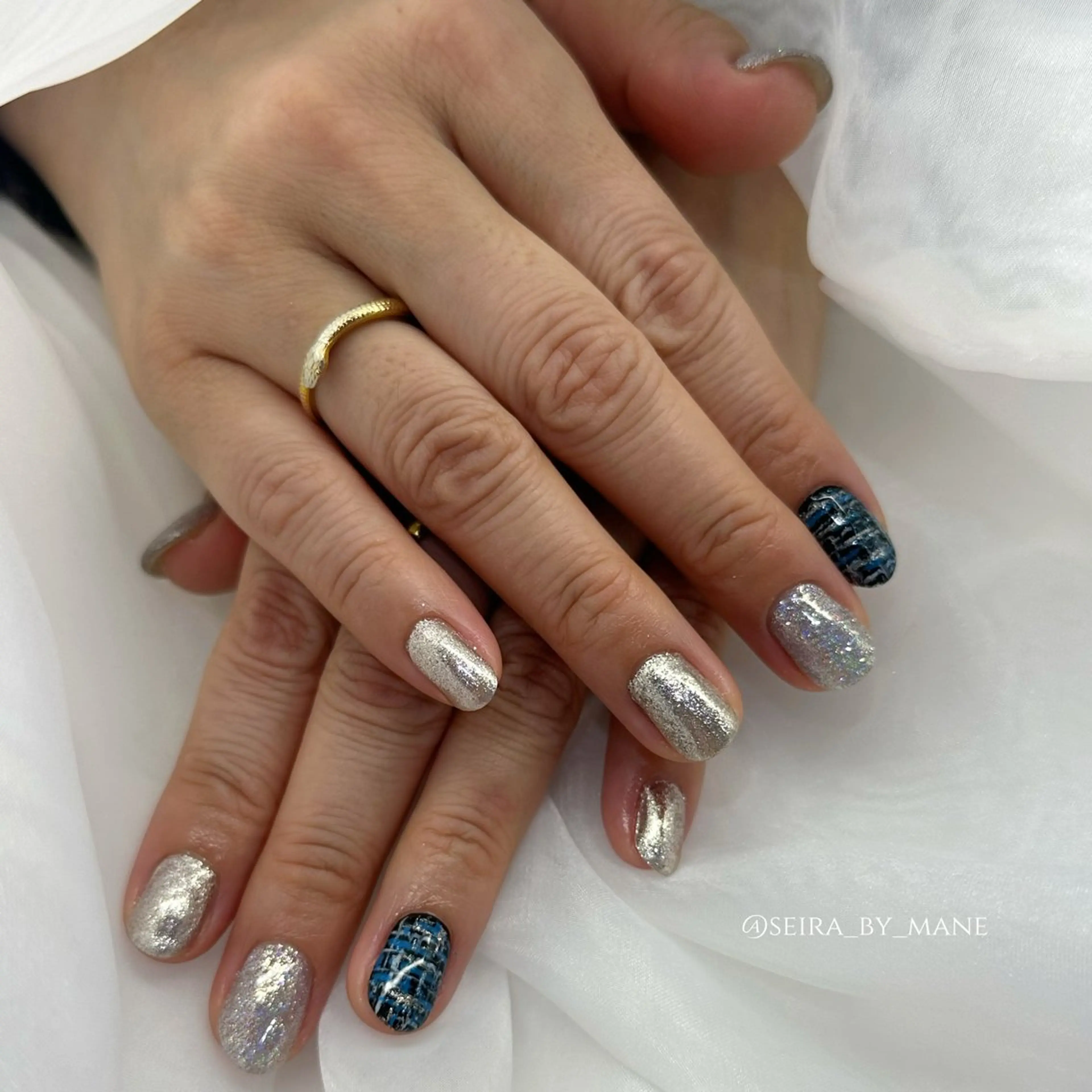 ネイル アートネイル ブルー ラメ(グリッター) ミラーネイル シルバー ハンドネイル フットネイル 堀 青空のネイルデザイン