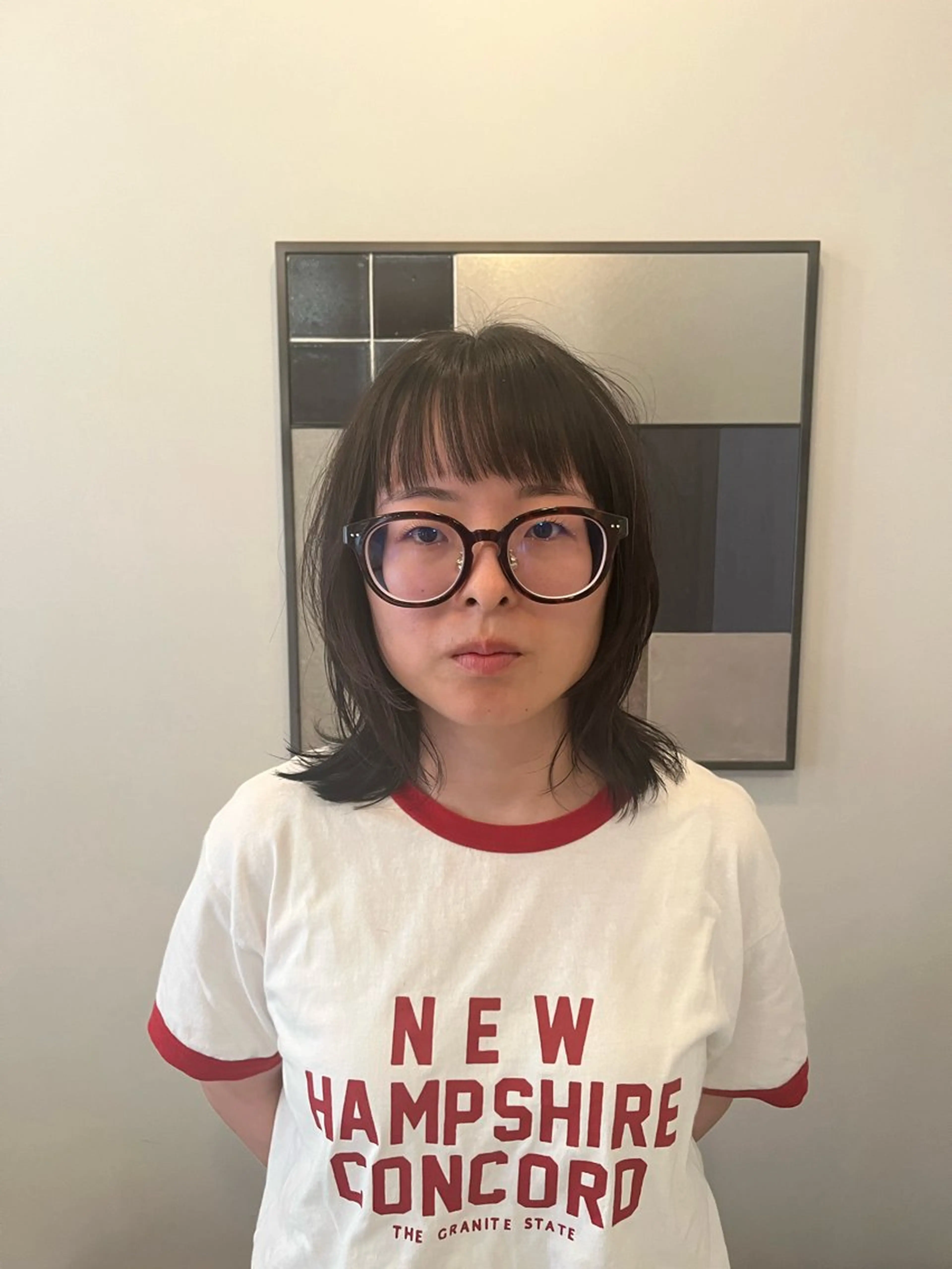 セミロング 顔まわりレイヤー 顔周りカット レイヤーカット unfeigned02所属・おーした /カットモデル伏見栄のヘアスタイル