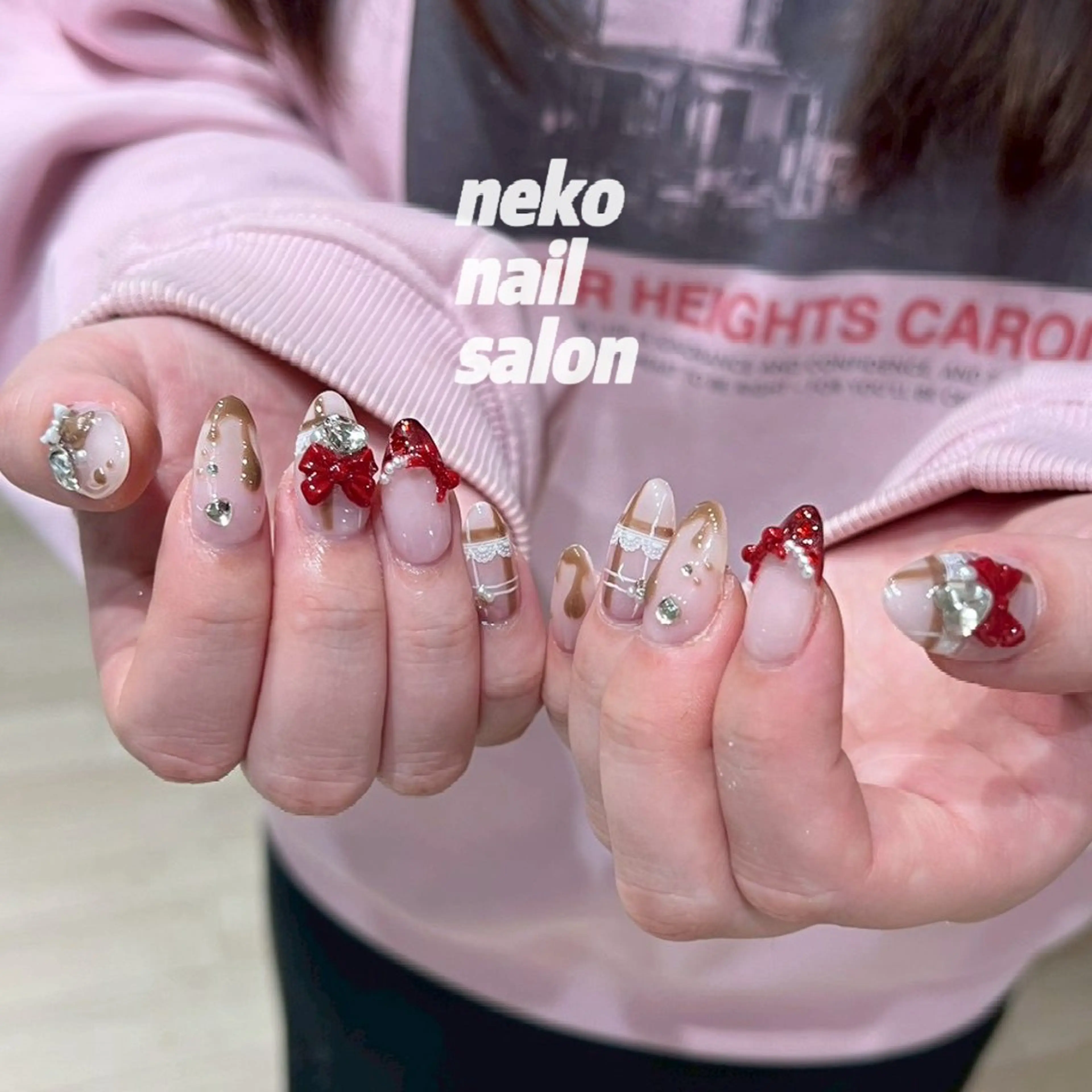ネイル リボン ツイードネイル バレンタイン ハンドネイル neko nail所属・neko nailのネイルデザイン