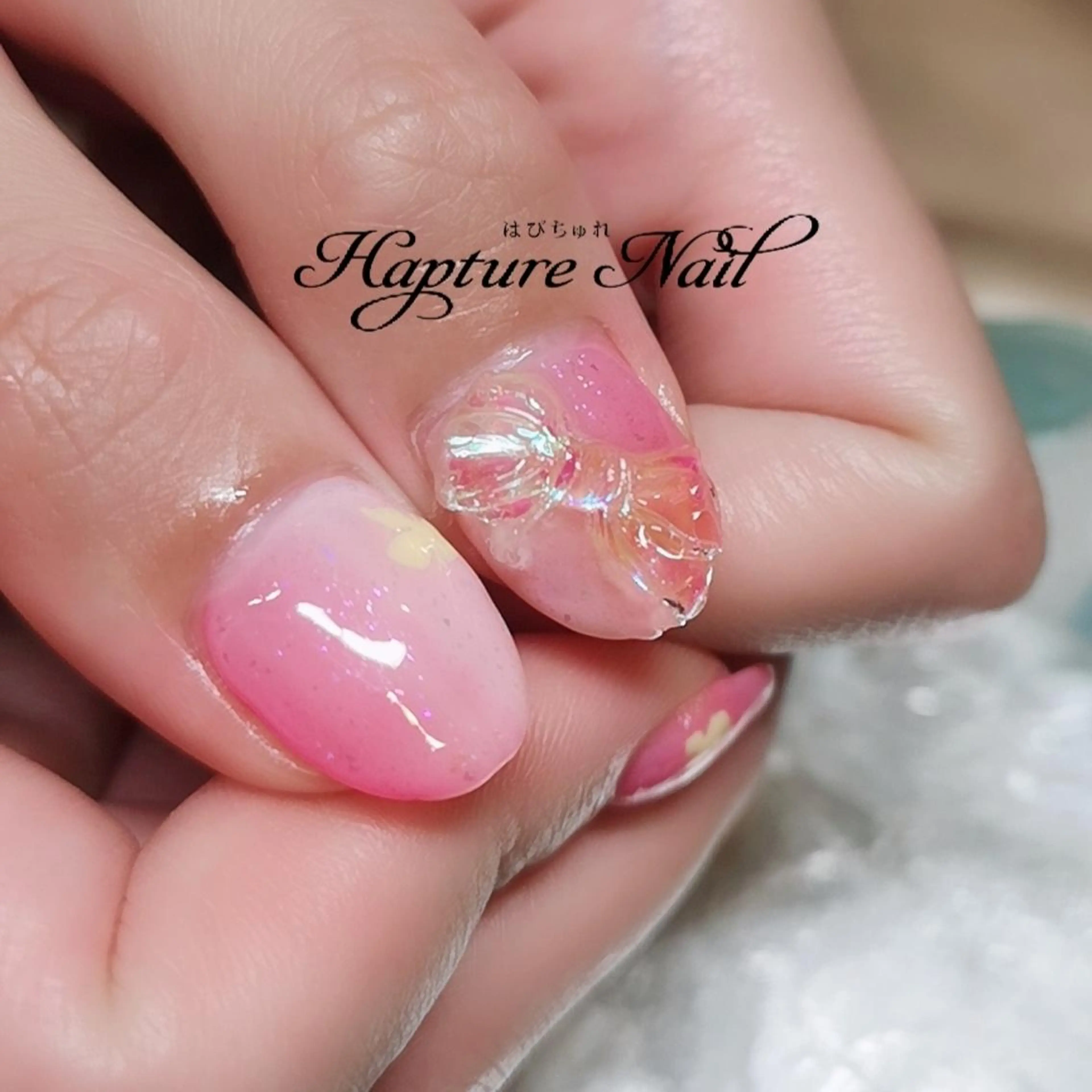 ネイル アートネイル オーロラネイル グラデーション 氷ネイル・うるうるネイル リボン m- Hiroのネイルデザイン