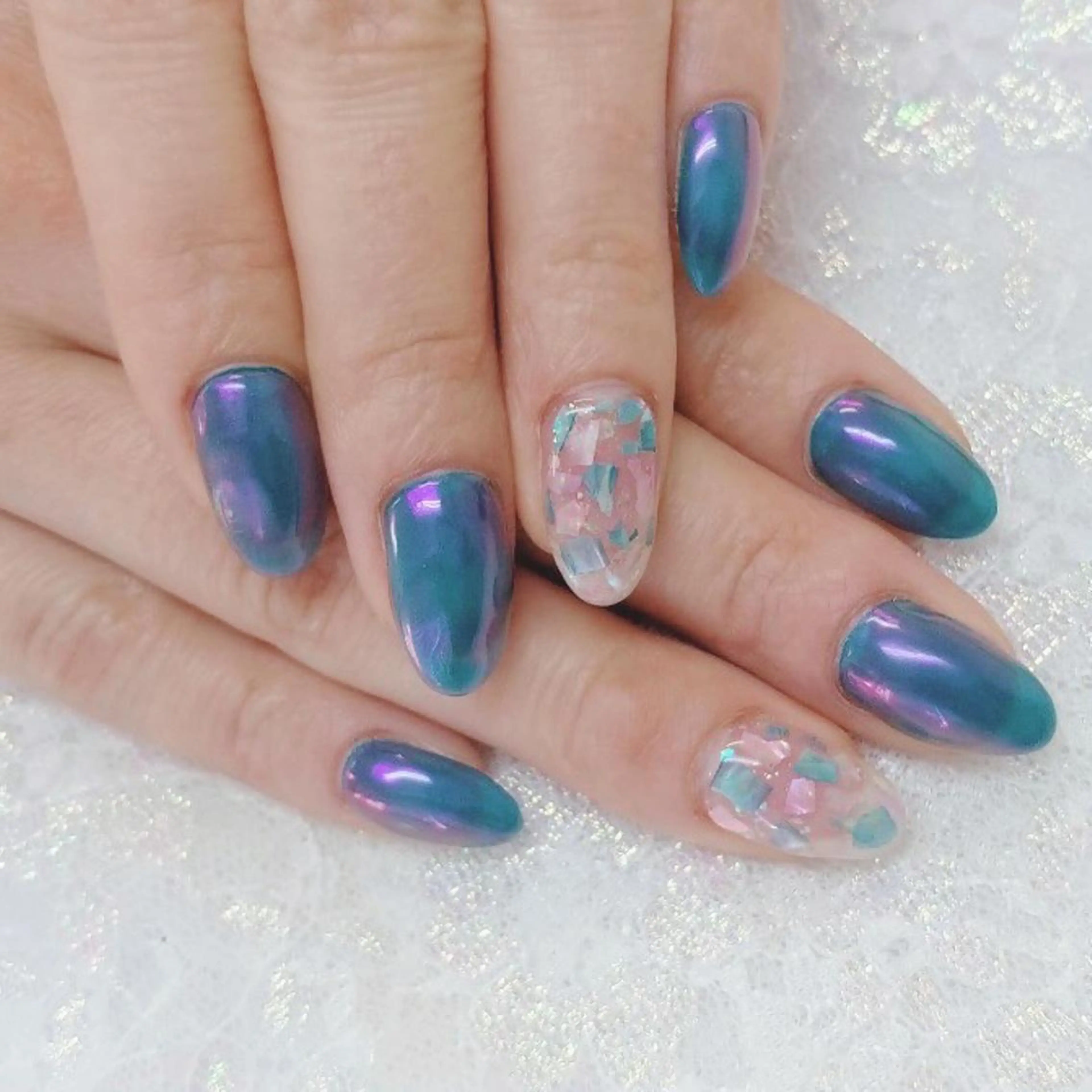 ネイル オーロラネイル ブルー ピンク ハンドネイル Nail lieNのネイルデザイン