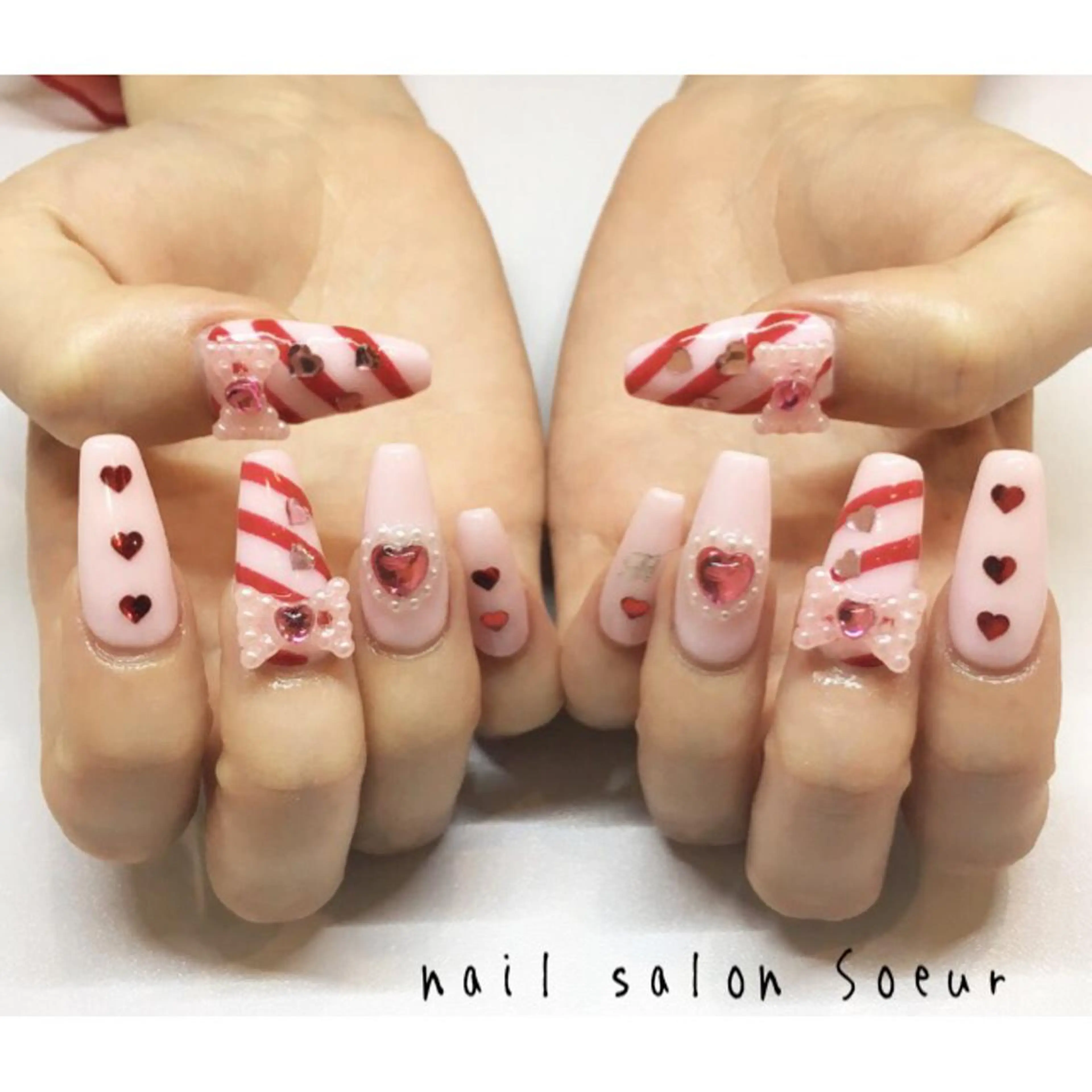 ネイル ハート ロングネイル 持ち込み スカルプネイル ハンドネイル nail salon Soeurのネイルデザイン