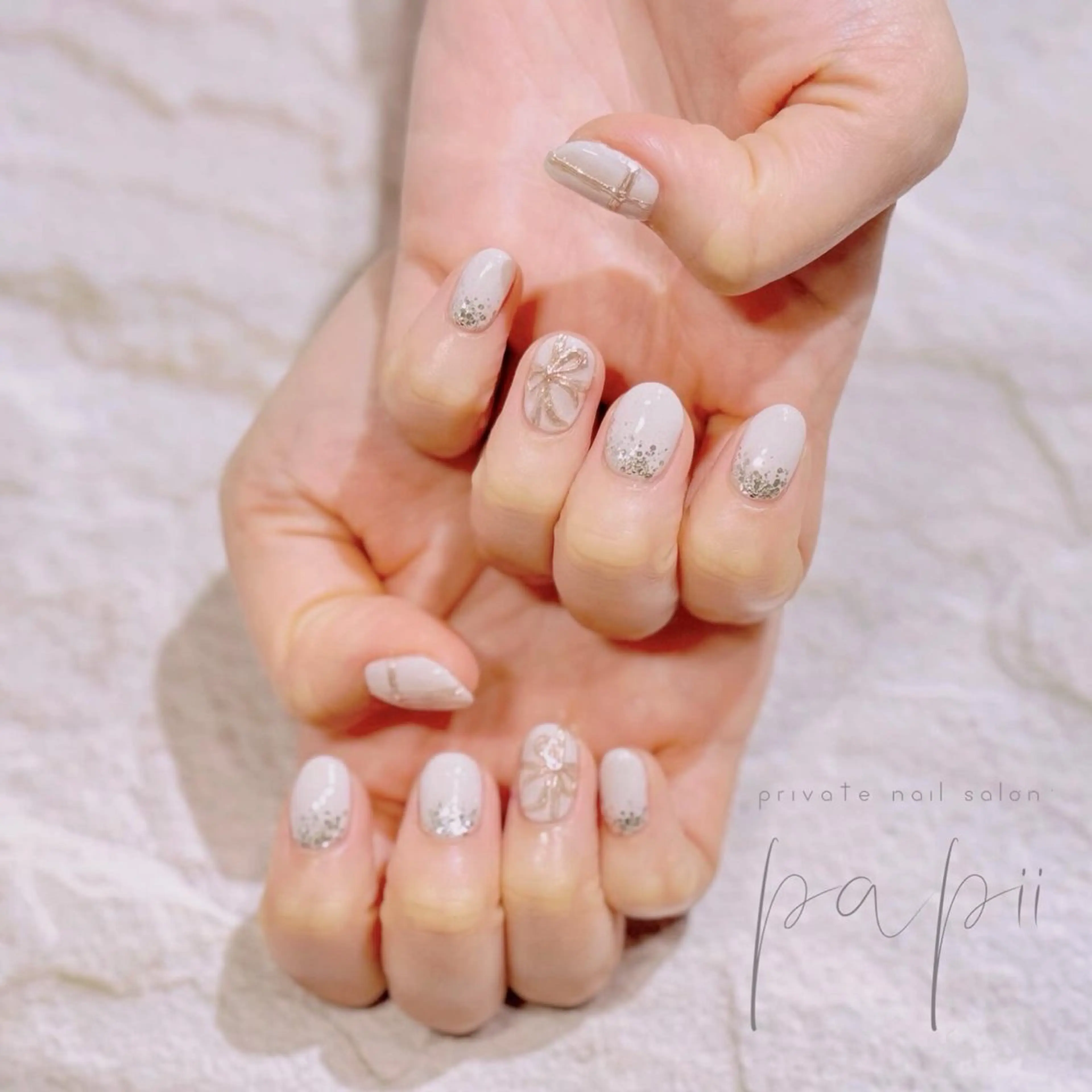 ネイル ラメ(グリッター) リボン シンプルネイル ハンドネイル private nail salon papii所属・papii☆ kurodaのネイルデザイン