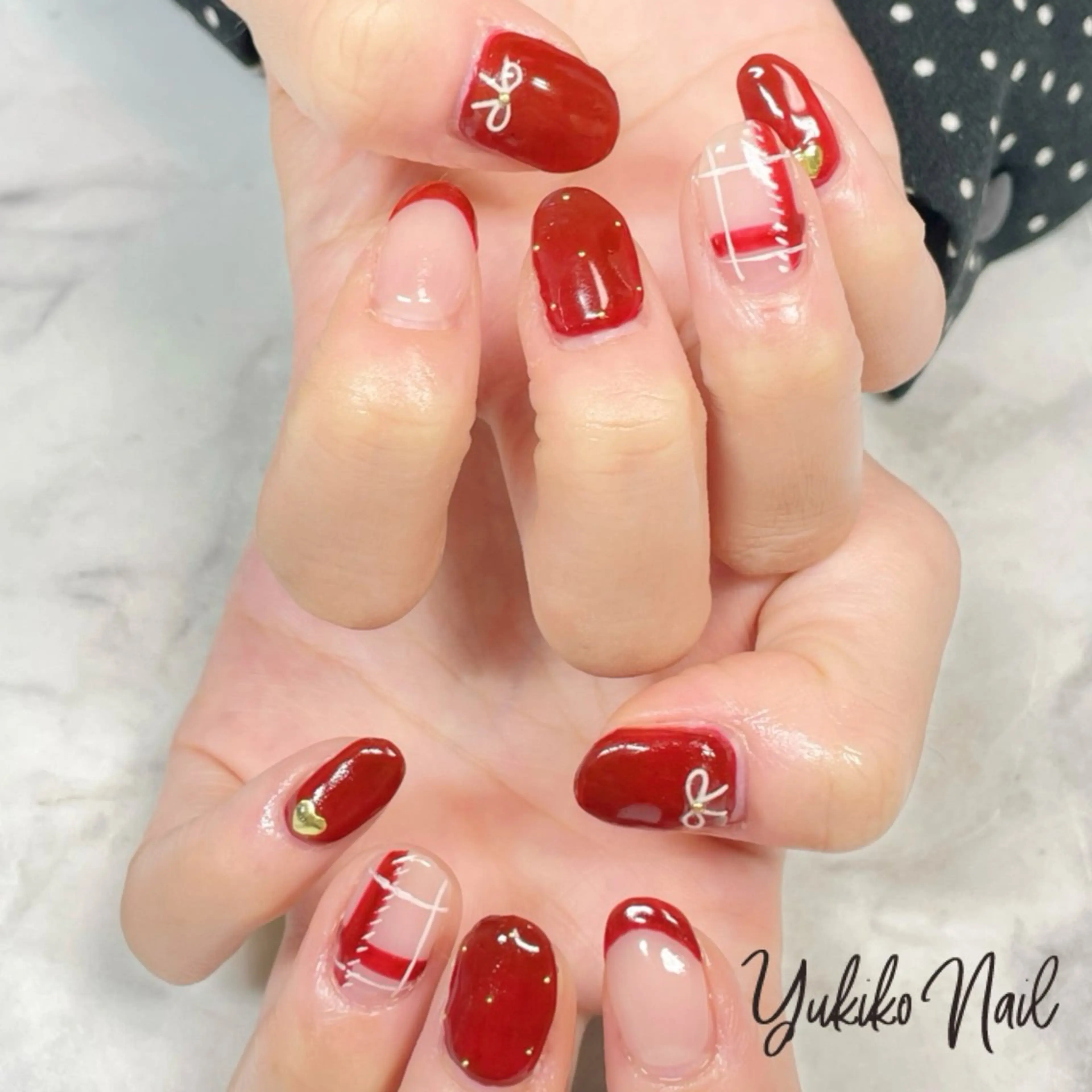 ネイル ボルドー ドット ガーリー 赤色 リボン ハンドネイル ユキコ ネイルのネイルデザイン