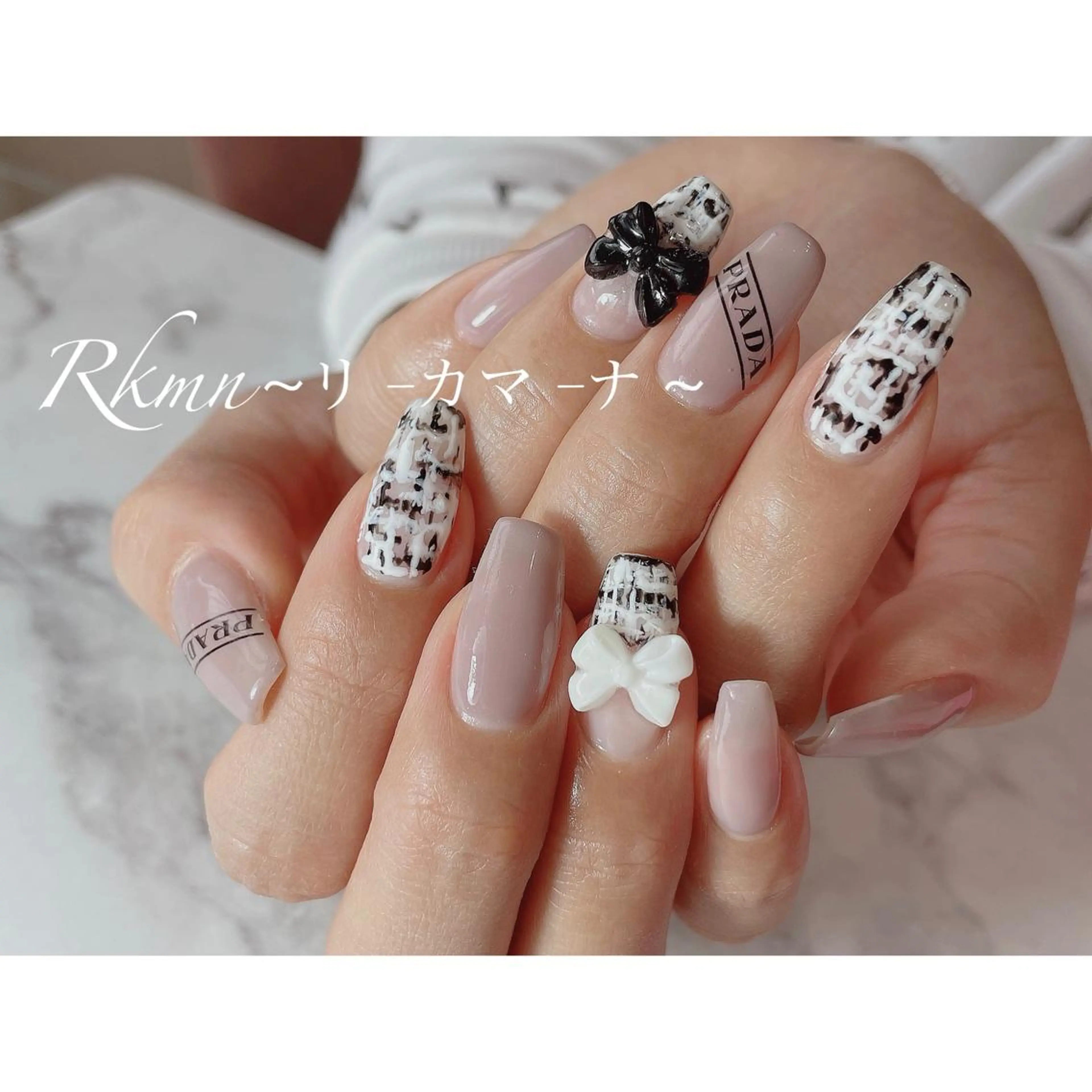 ネイル アートネイル リボン 春ネイル ツイードネイル ハンドネイル フットネイル ハンドケア Rkmn ~リ-カマ-ナ~のネイルデザイン