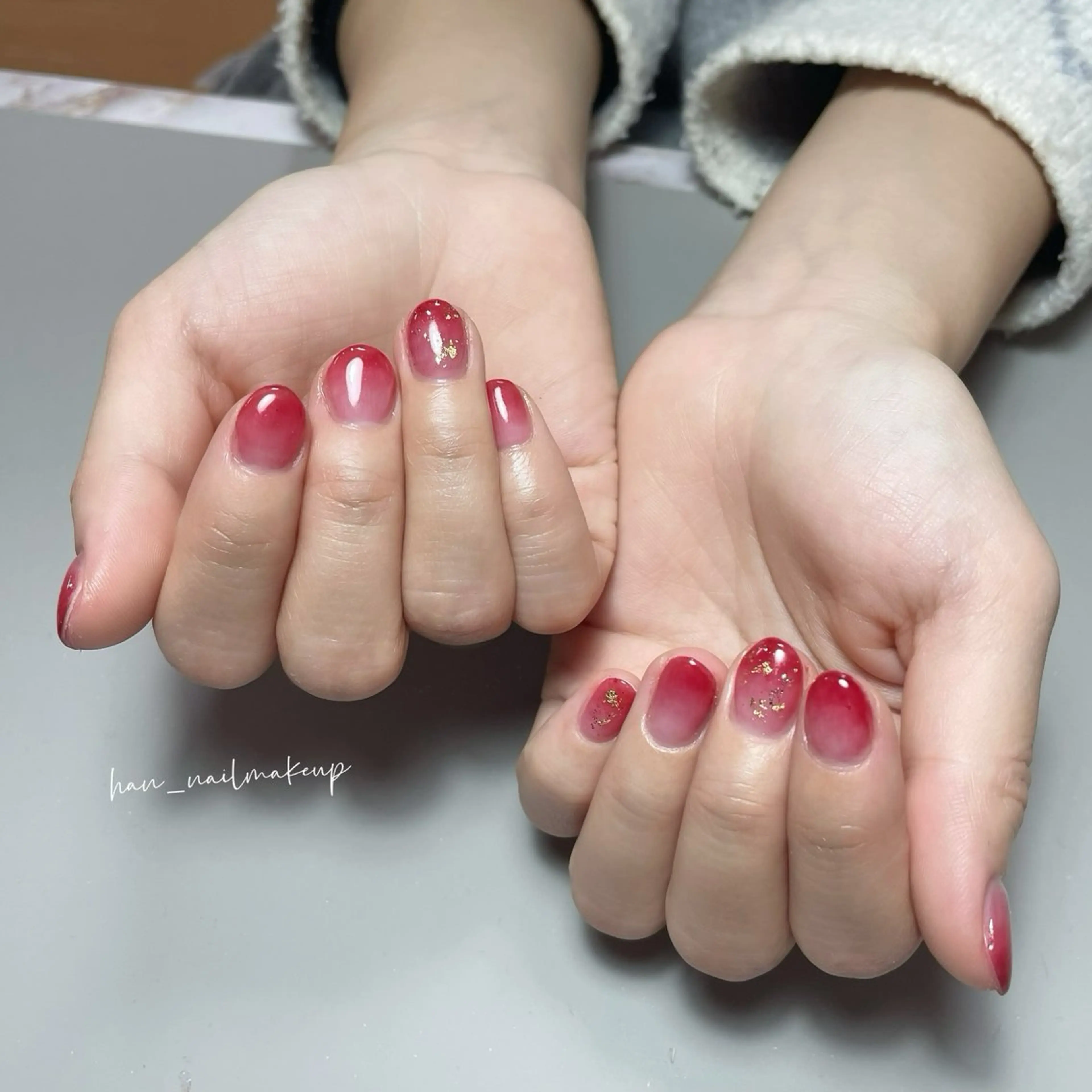 ネイル アートネイル グラデーション ラメ(グリッター) 赤色 ハンドネイル Han Nail 【y&m】のネイルデザイン