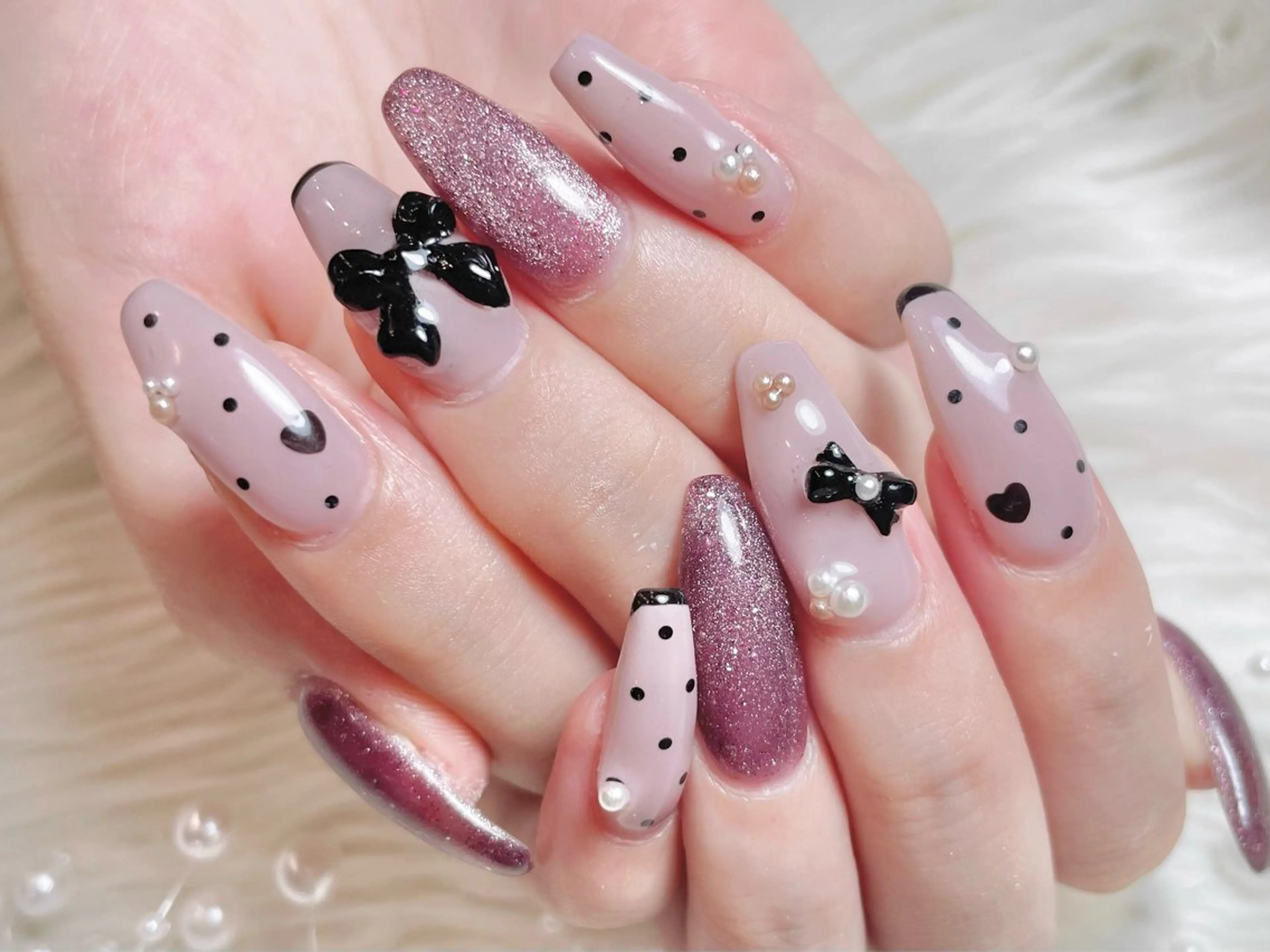 ネイル ドット ジェルネイル パラジェル リボン ワンホンネイル ハンドネイル ゆりか ジョアアンジェ福島のネイルデザイン