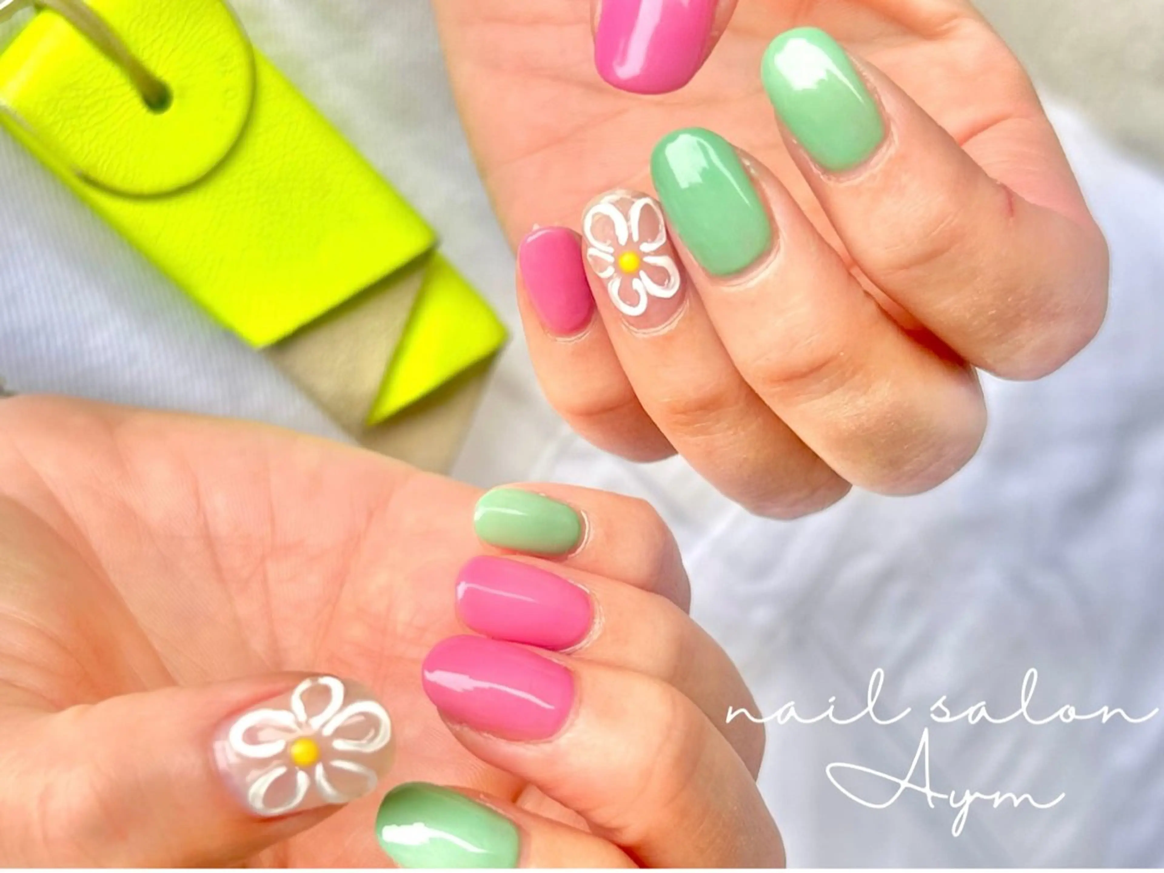 ネイル グリーン ピンク ぷっくりネイル ハンドネイル nail salon  Aym所属・nail salon Aymのネイルデザイン