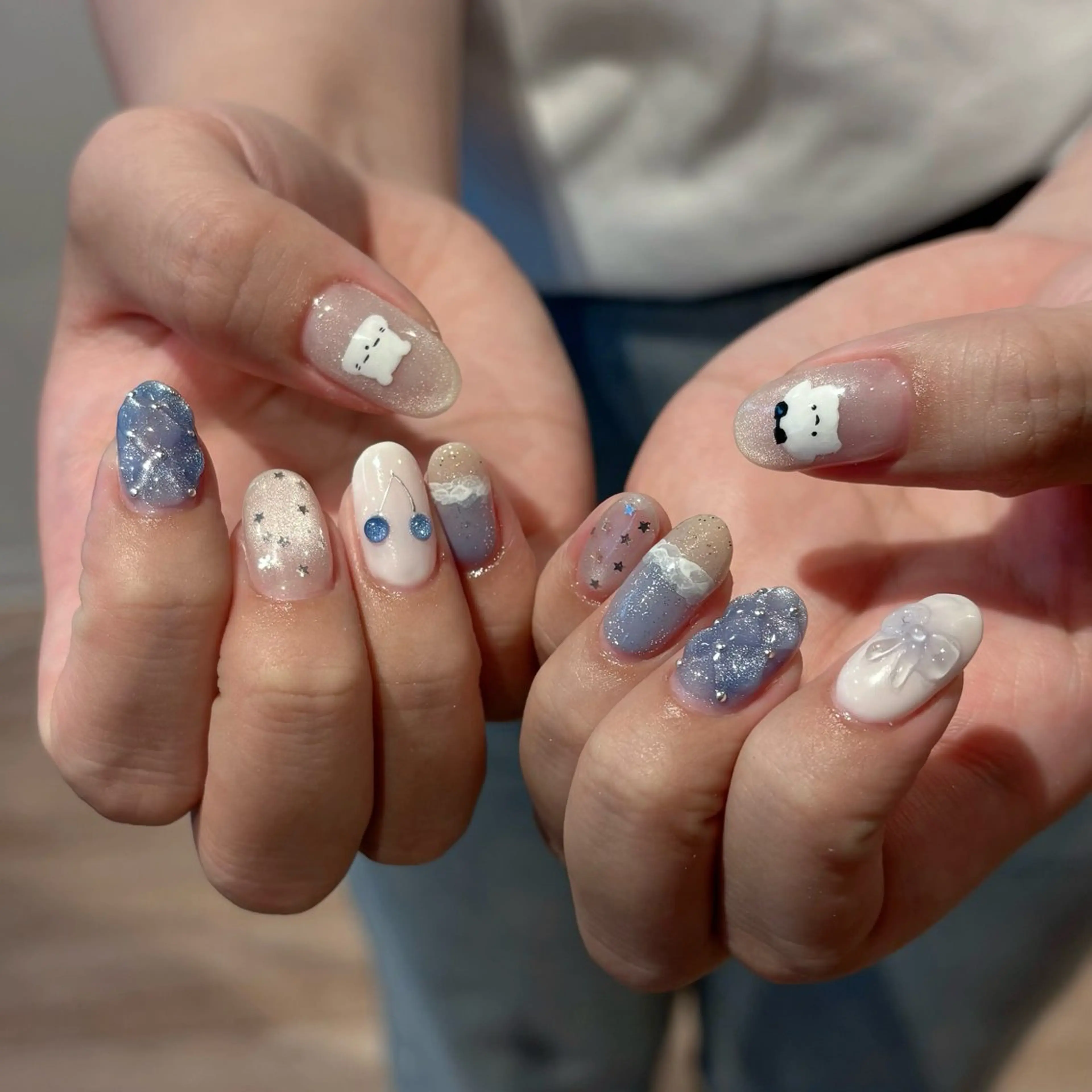 ネイル マグネットネイル 持ち込み ニュアンスネイル ぷっくりネイル リボン Bianca名駅店 安田のネイルデザイン