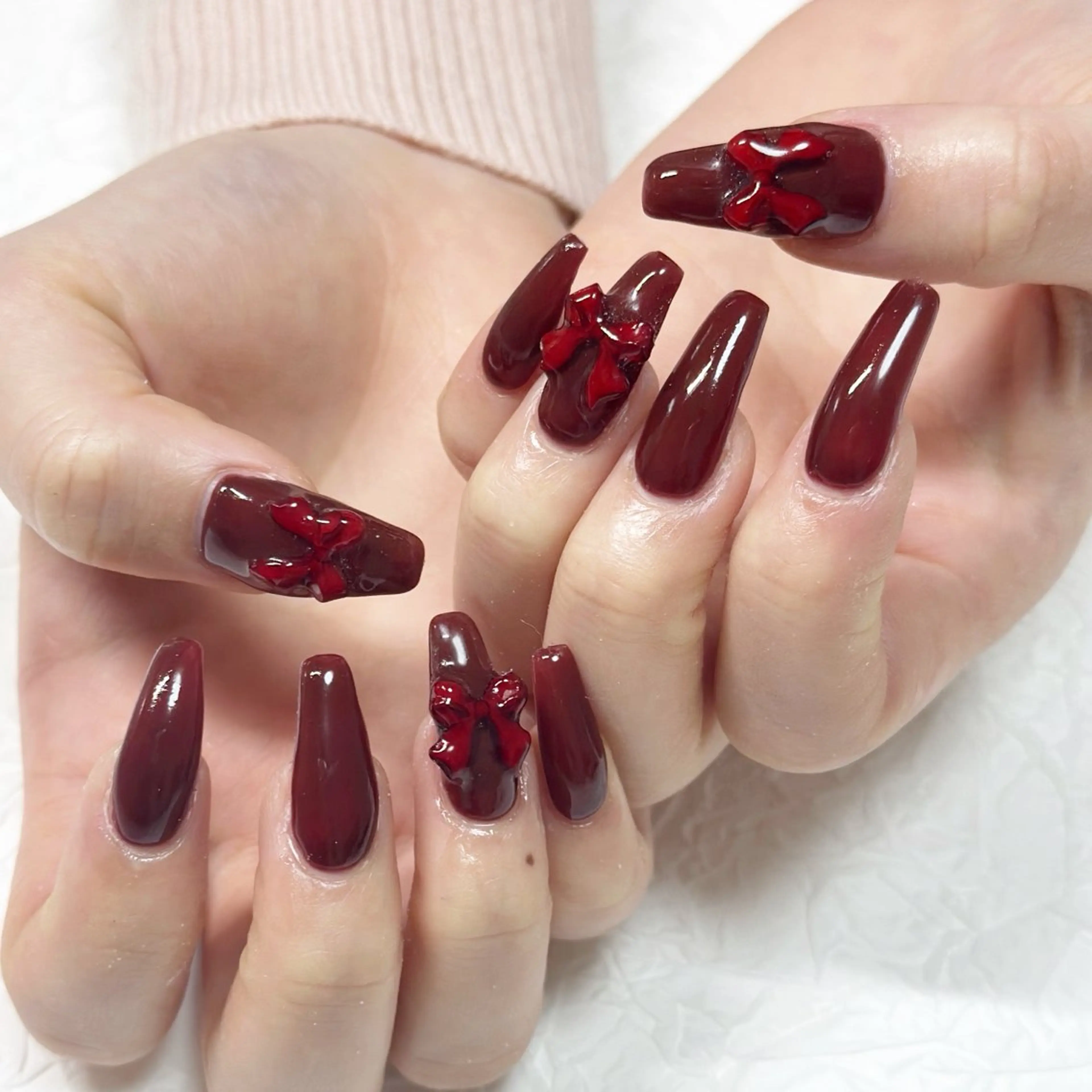 ネイル ボルドー 赤色 リボン バレンタイン ♡Nailist yui♡のネイルデザイン