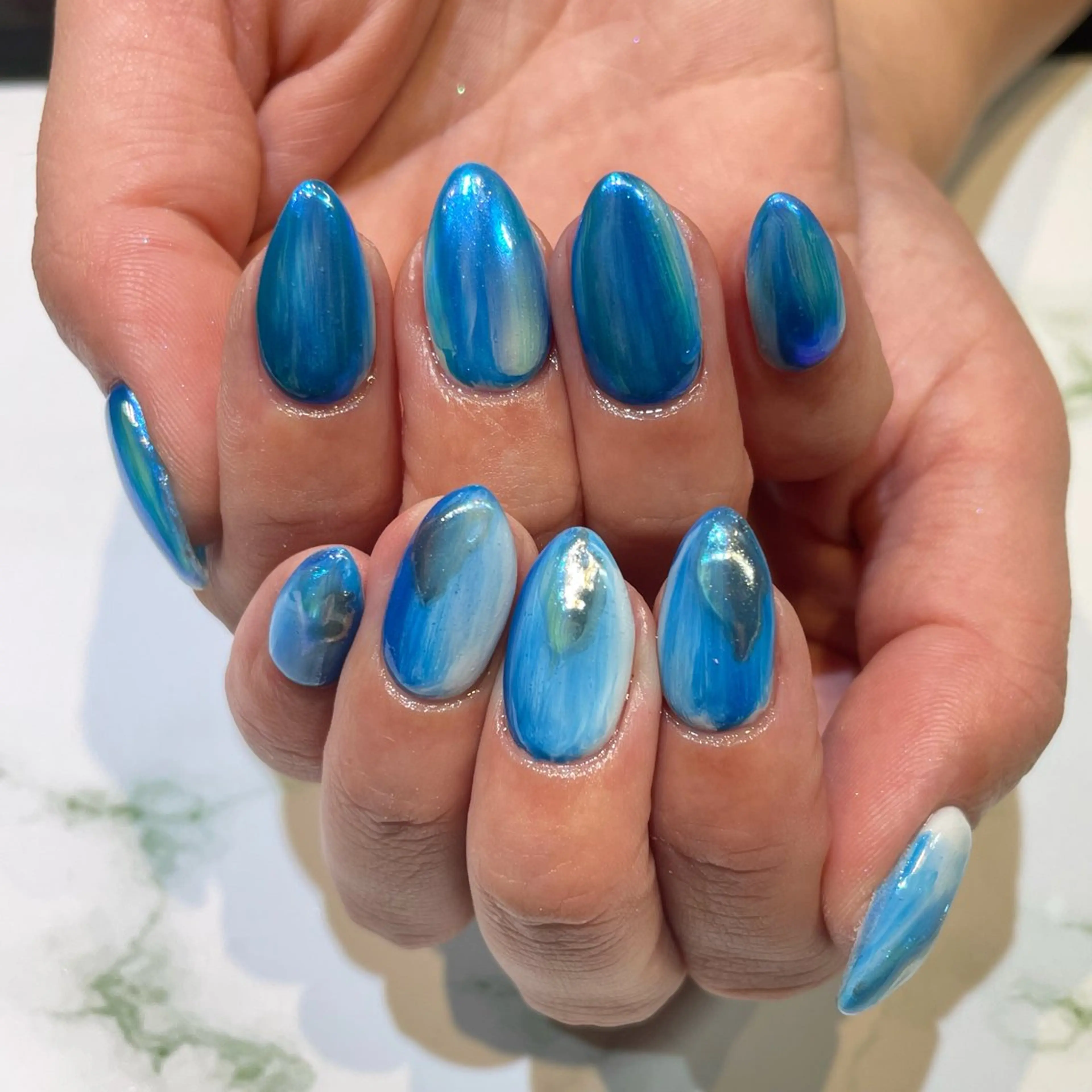 ネイル ブルー フラッシュネイル フットネイル ジェルネイル マグネットネイル 糀屋 彩奈のネイルデザイン