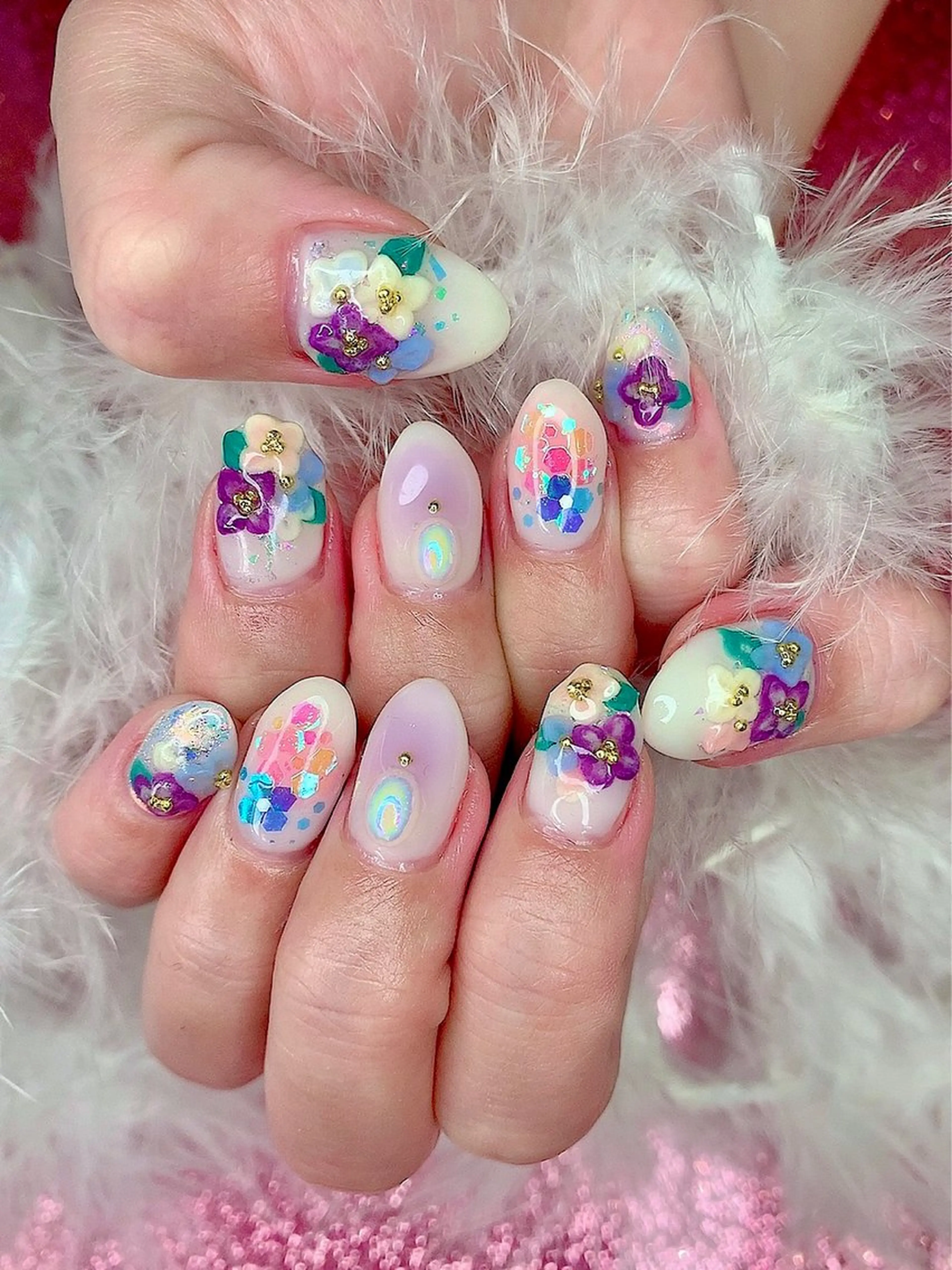 ネイル キラキラネイル 韓国ネイル 持ち込み ストーンネイル シェアサロンLei.g(レイジー)所属・3Dアートネイル💗 都築レナのネイルデザイン