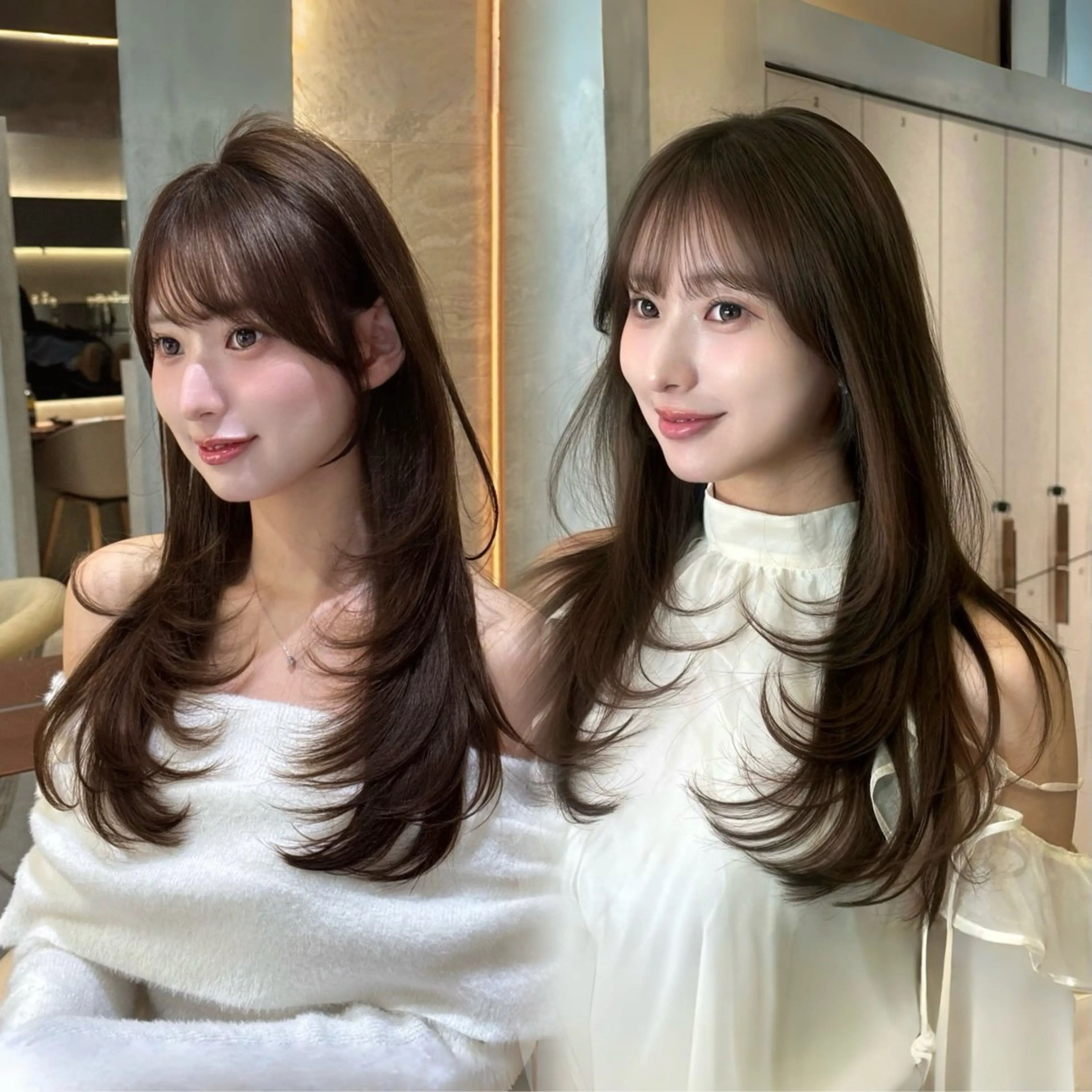 セミロング カラー カット ヘアカラー トリートメント 髪質改善|透明 感カラー🩵レイヤーのヘアスタイル