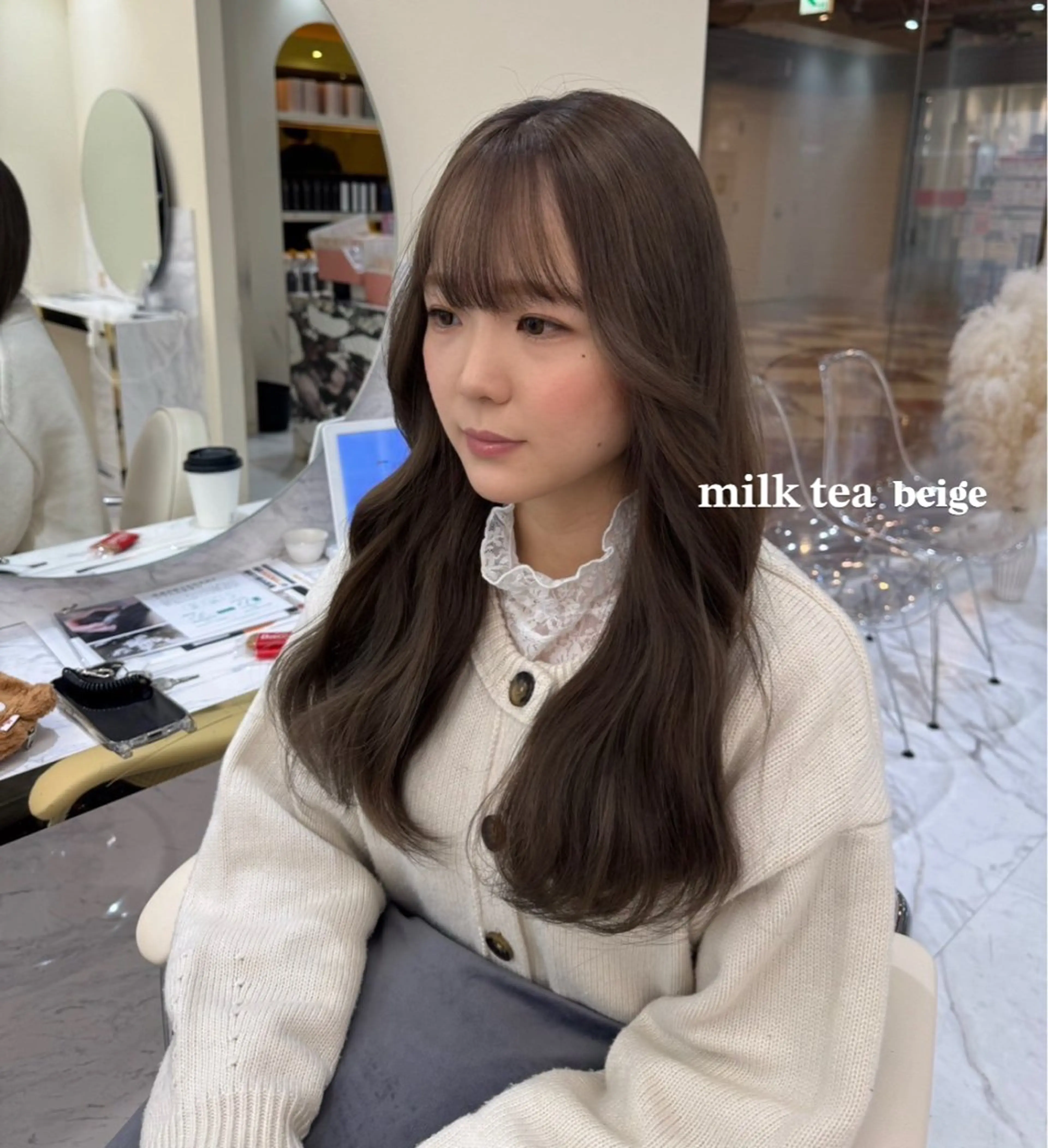 ミディアム カラー ベージュカラー ミルクティーベージュ ヘアカラー トリートメント ワンホン×髪質改善 つのーか🩶‪🫧のヘアスタイル