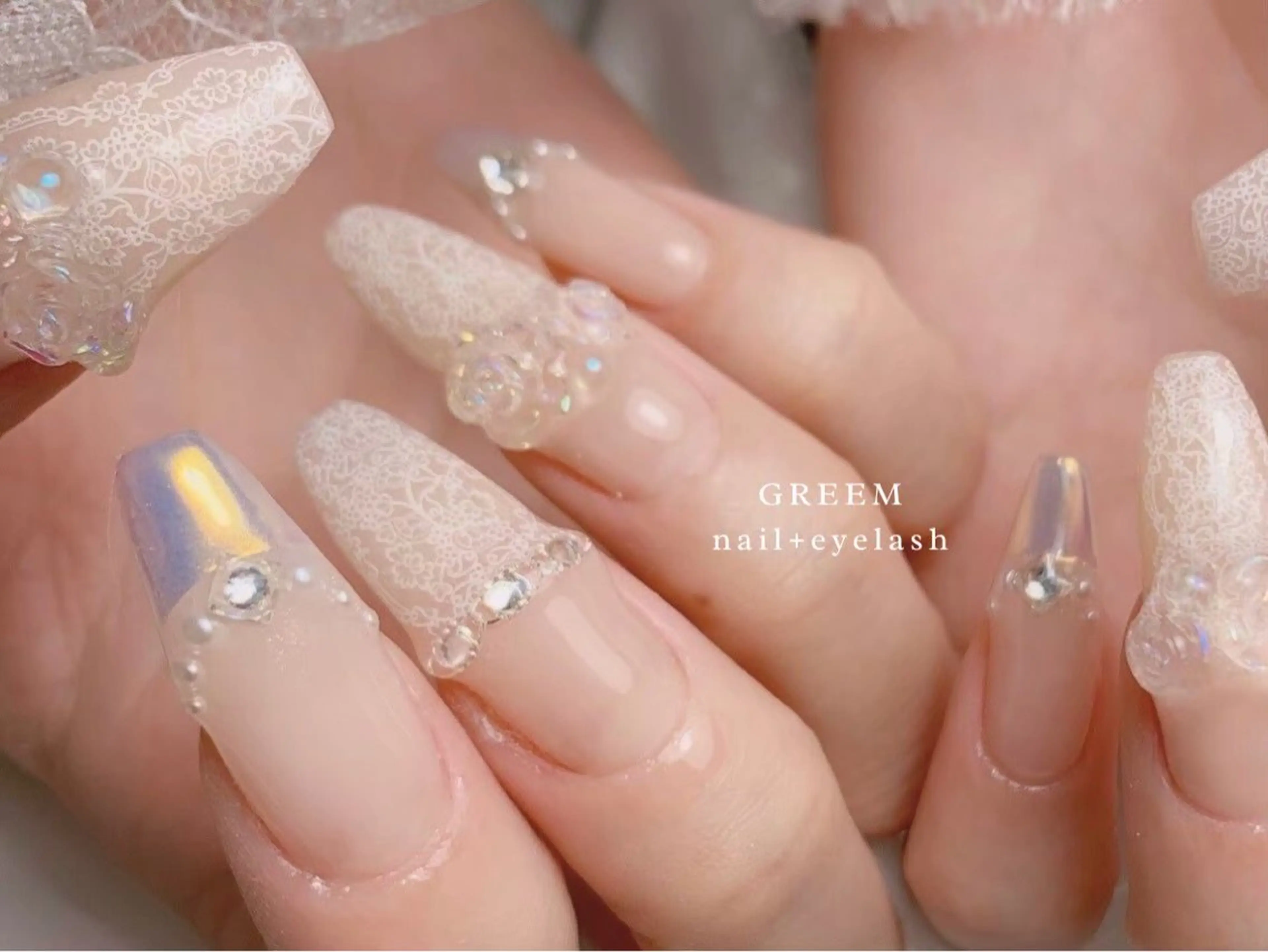 ネイル フレンチネイル レース ミラーネイル ハンドネイル GREEM グリームのネイルデザイン