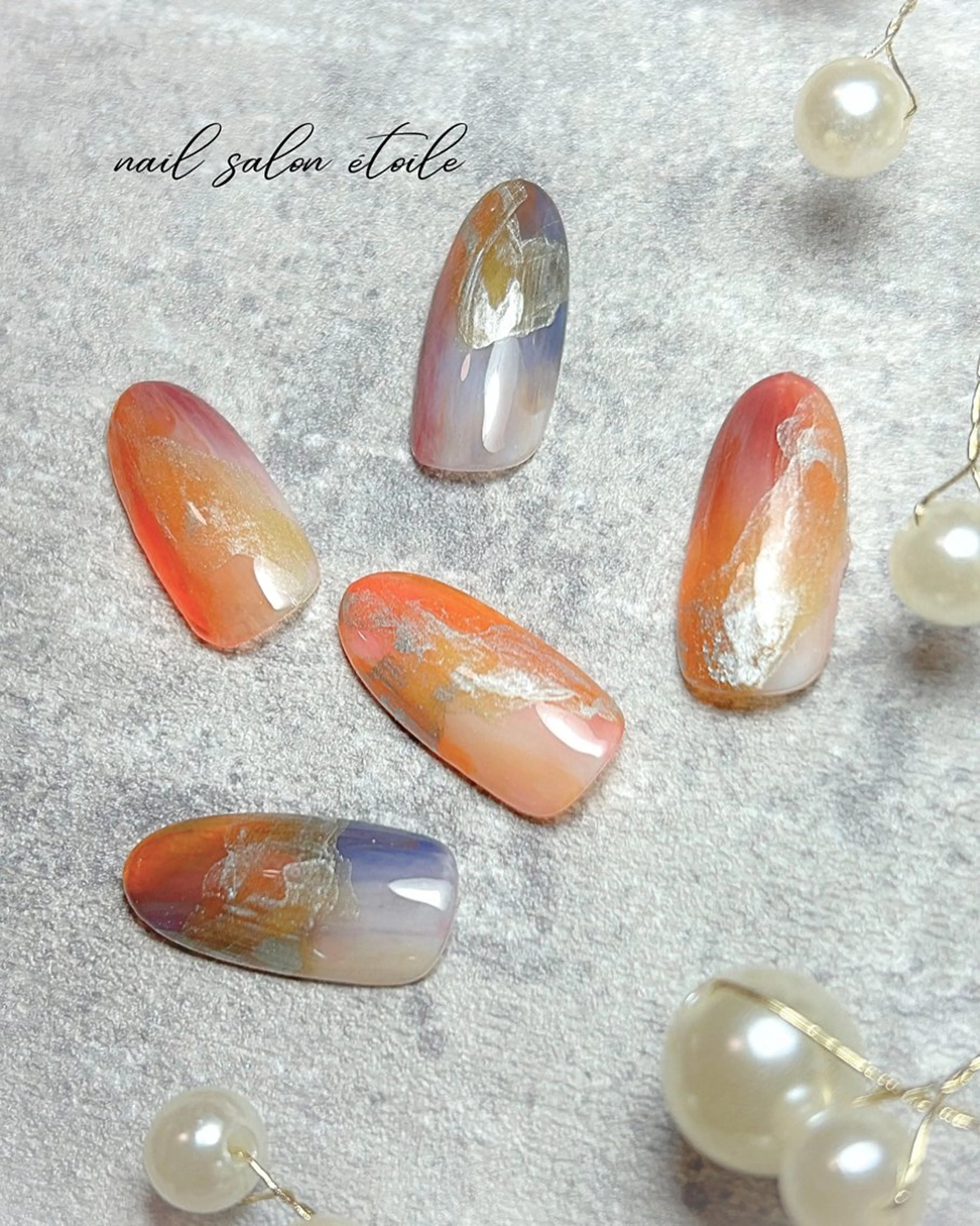 ネイル アートネイル ブルー ゴールド ニュアンスネイル オレンジ ハンドネイル nail salon étoileのネイルデザイン