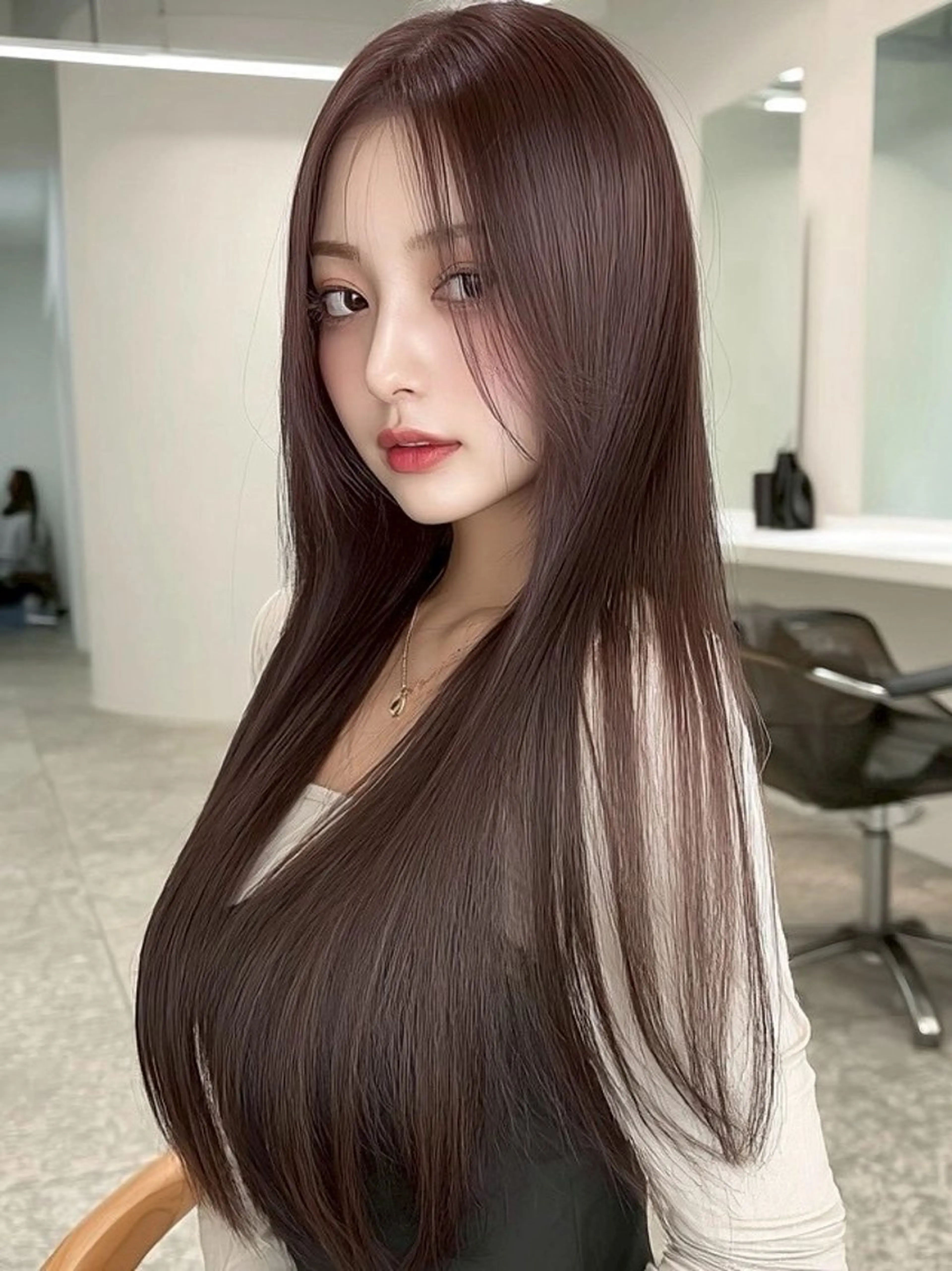 ロング カラー 透明感カラー くびれヘア 顔周りカット ヨシンモリ 韓国風ヘア カット ヘアカラー トリートメント 京都韓国ヘア🇰🇷 /髪質改善/透カラーのヘアスタイル