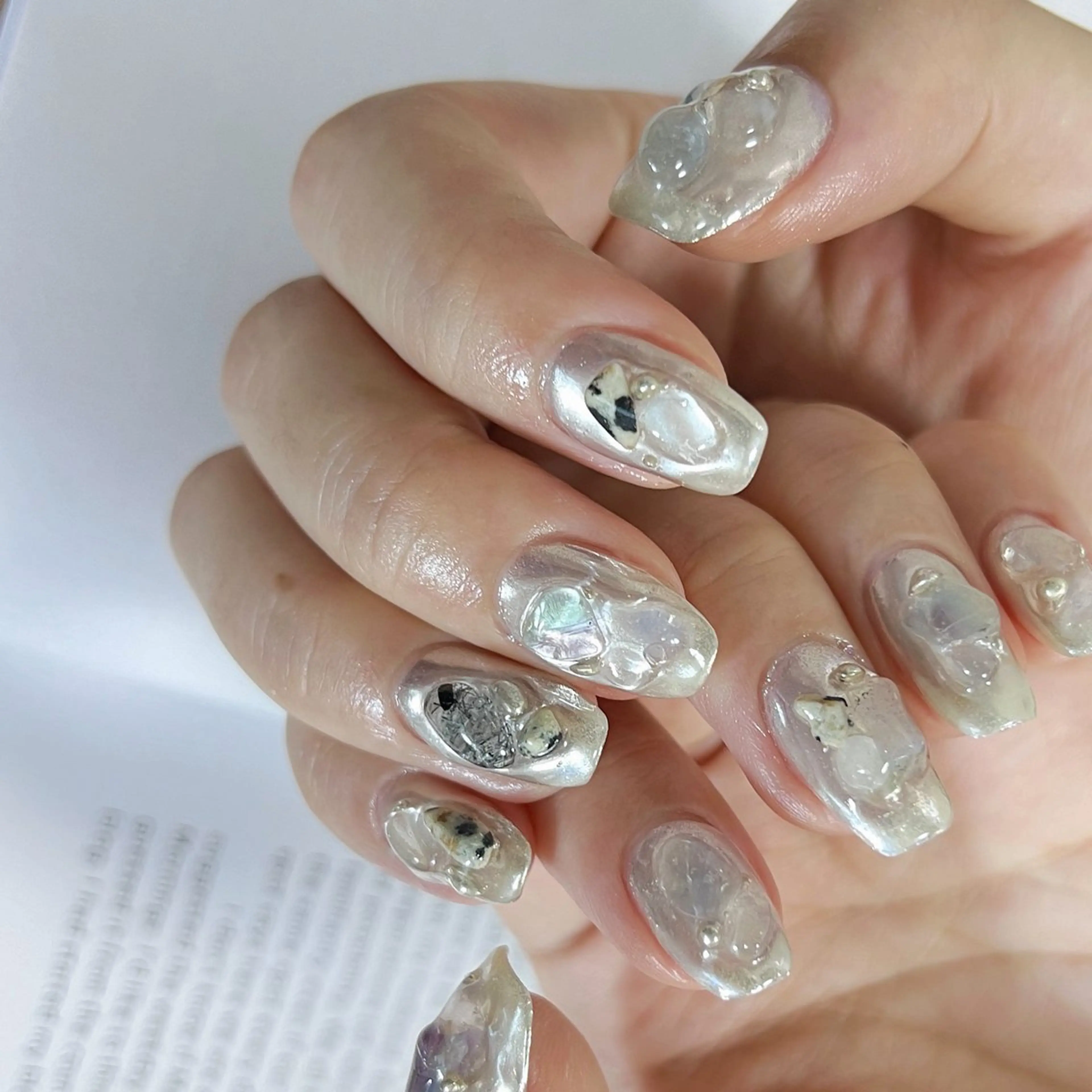 ネイル オーロラネイル ブルー ミラーネイル スクエアネイル 冬ネイル pointillé .ayaのネイルデザイン