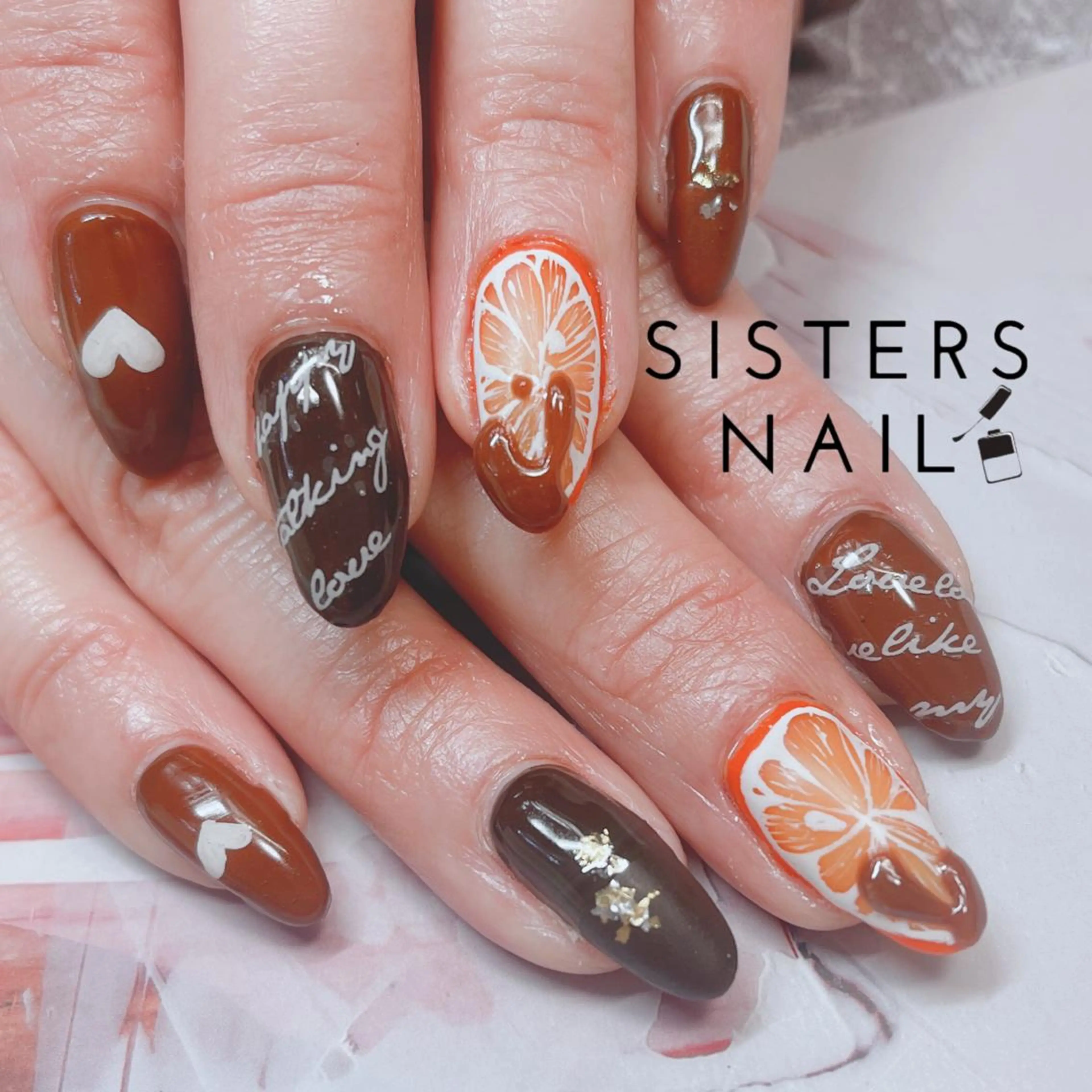 ネイル アートネイル ハート オレンジ バレンタイン 冬ネイル ハンドネイル ハンドケア sisters nail.fのネイルデザイン