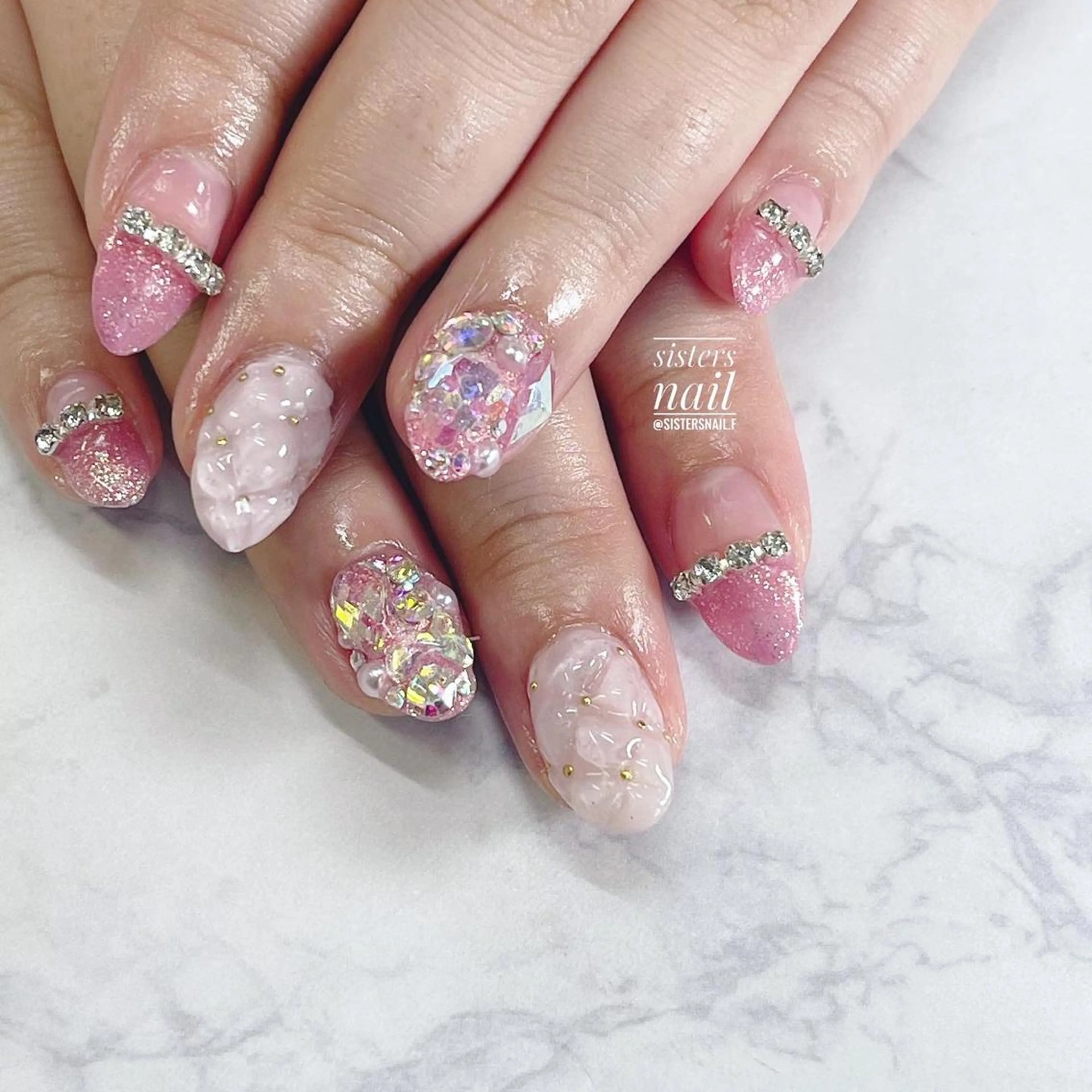 ネイル アートネイル パステルネイル ピンク リボン ストーンネイル sisters nail.fのネイルデザイン