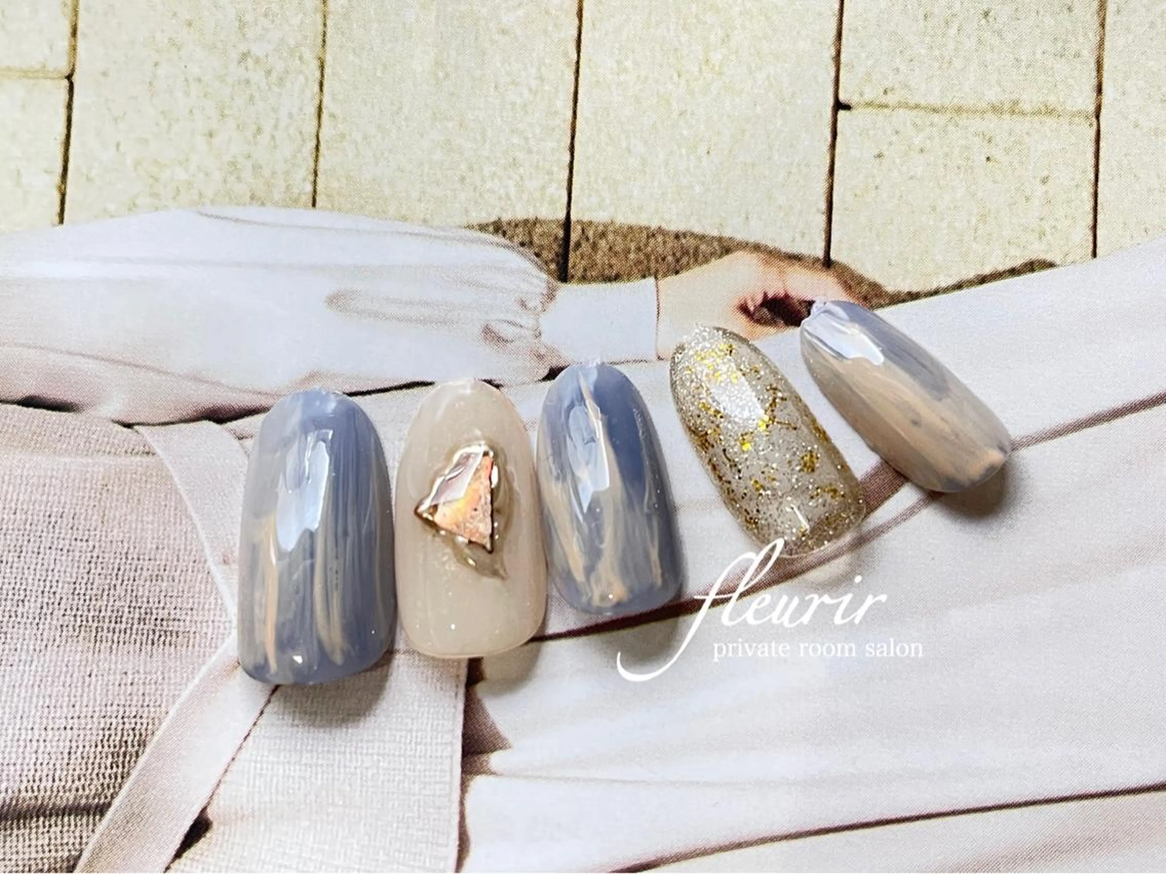 ネイル アートネイル ブルー 長さ出し ジェルネイル ゴールド フルリール 【プライベートサロンのネイルデザイン