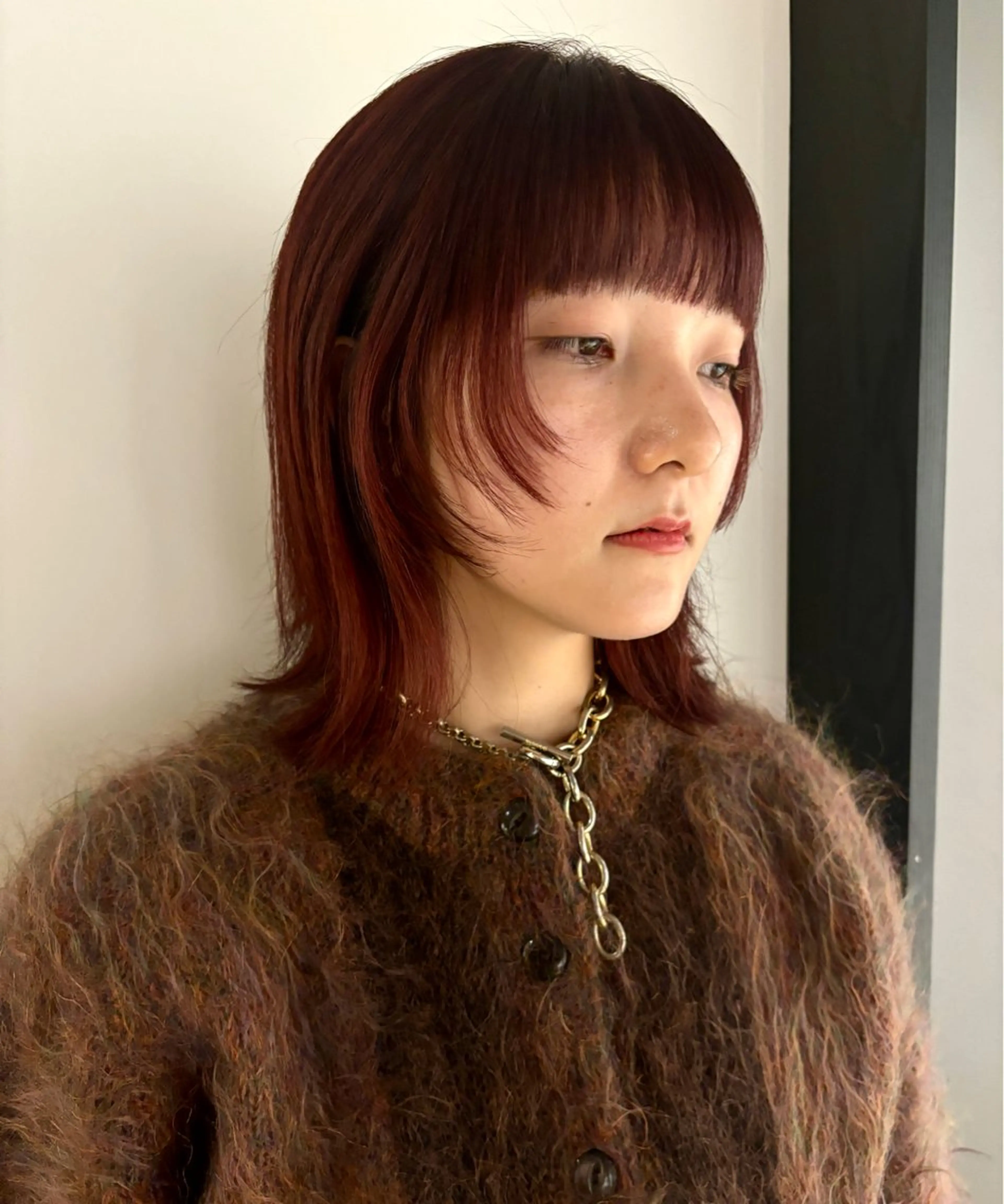 ミディアム カラー レッドカラー レイヤーカット ウルフカット カット ヘアカラー トリートメント やまもと さえのヘアスタイル