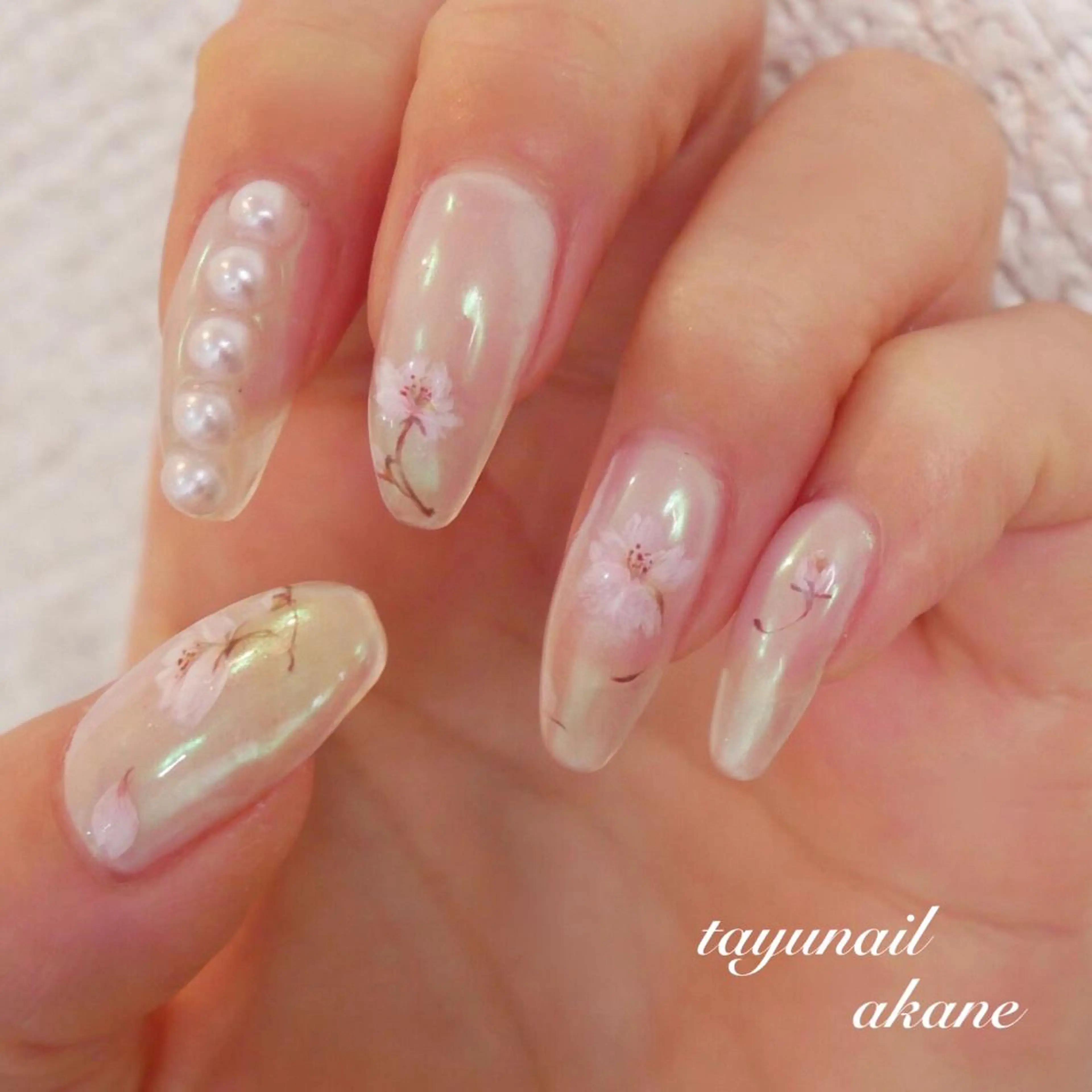 ネイル ブルー 桜ネイル 春ネイル 冬ネイル ハンドネイル ネイルサロン・ネイルスクール　たゆnail所属・ネイルサロン 【たゆnail】のネイルデザイン