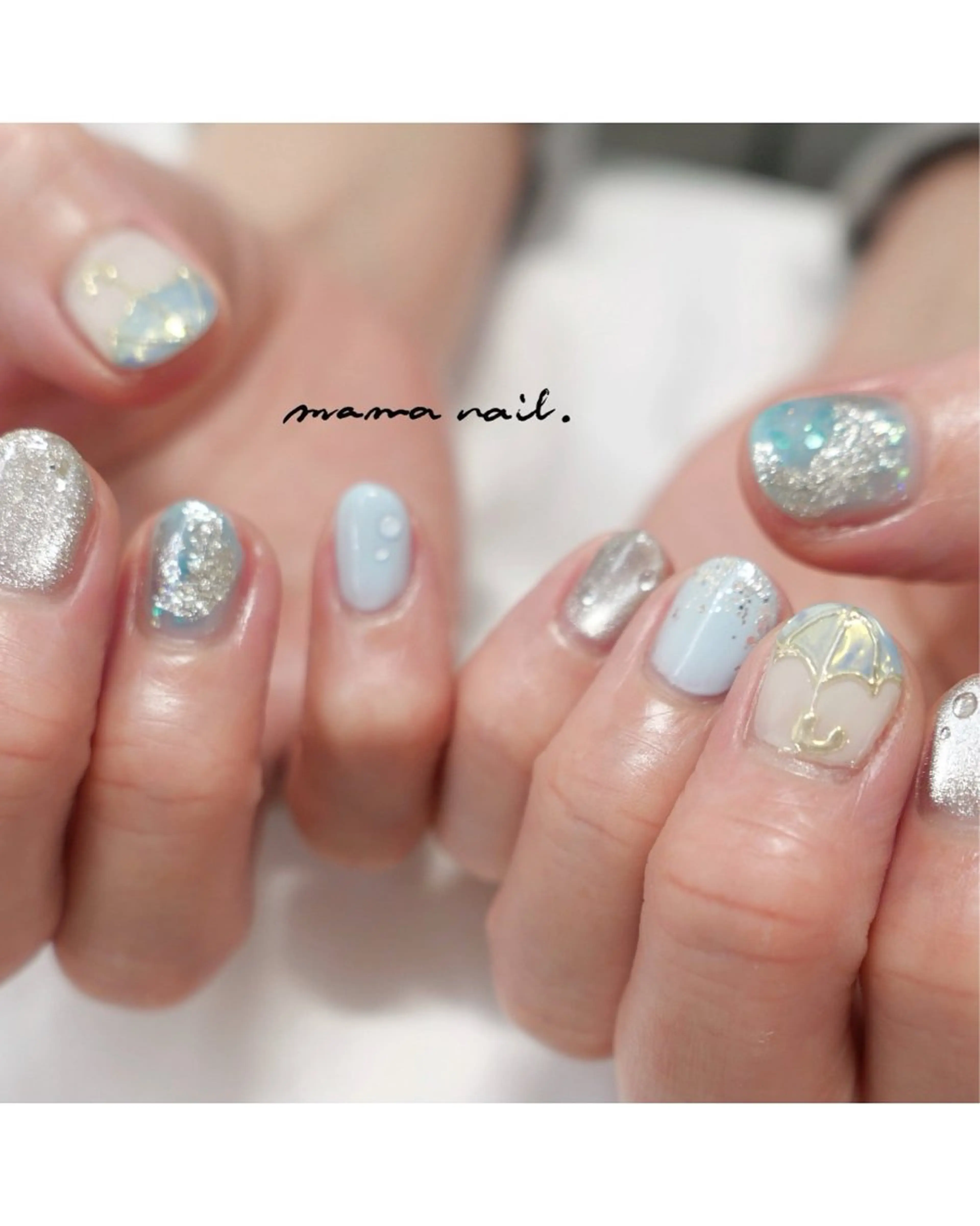 ネイル アートネイル ブルー クリアネイル キラキラネイル ラメ(グリッター) ネイルサロン mama nailのネイルデザイン