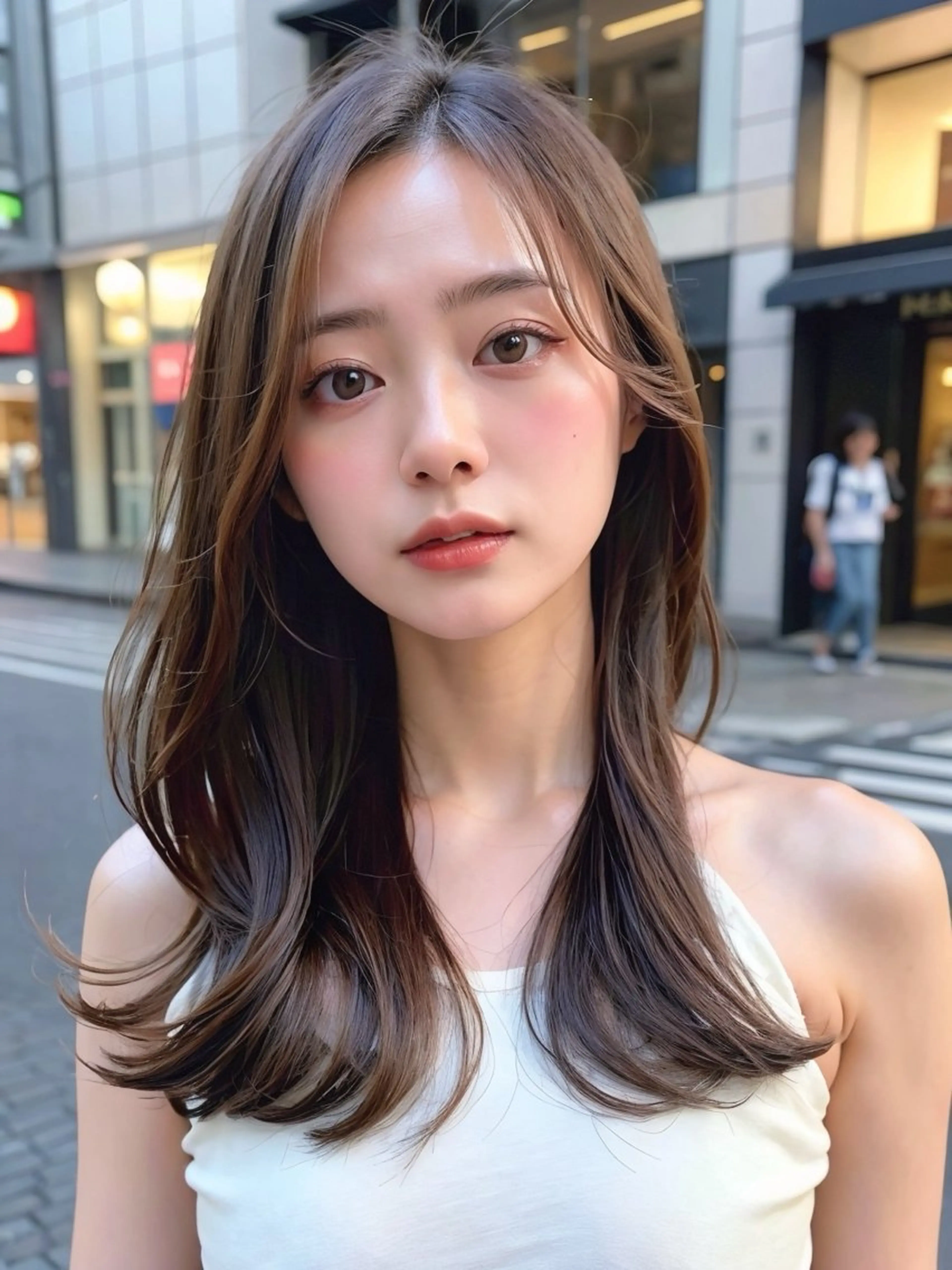 セミロング カラー レイヤーカット 🩵髪質改善🩵 韓国ヘア🩵花澤みりのヘアスタイル