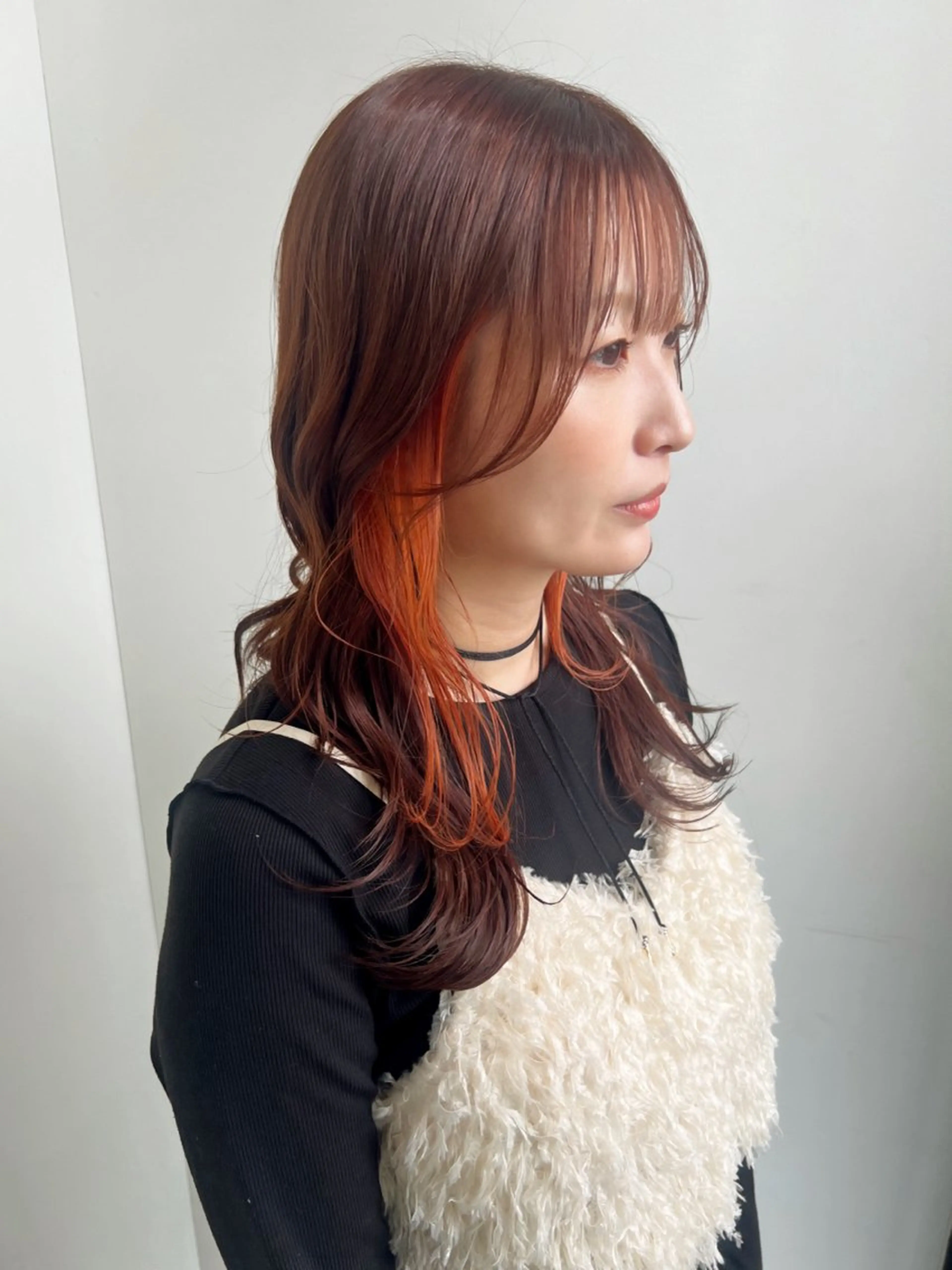 セミロング カラー ベージュカラー オレンジ オレンジベージュ カット ヘアカラー トリートメント 透明感/血色カラー/ 似合せレイヤー/ゆいのヘアスタイル