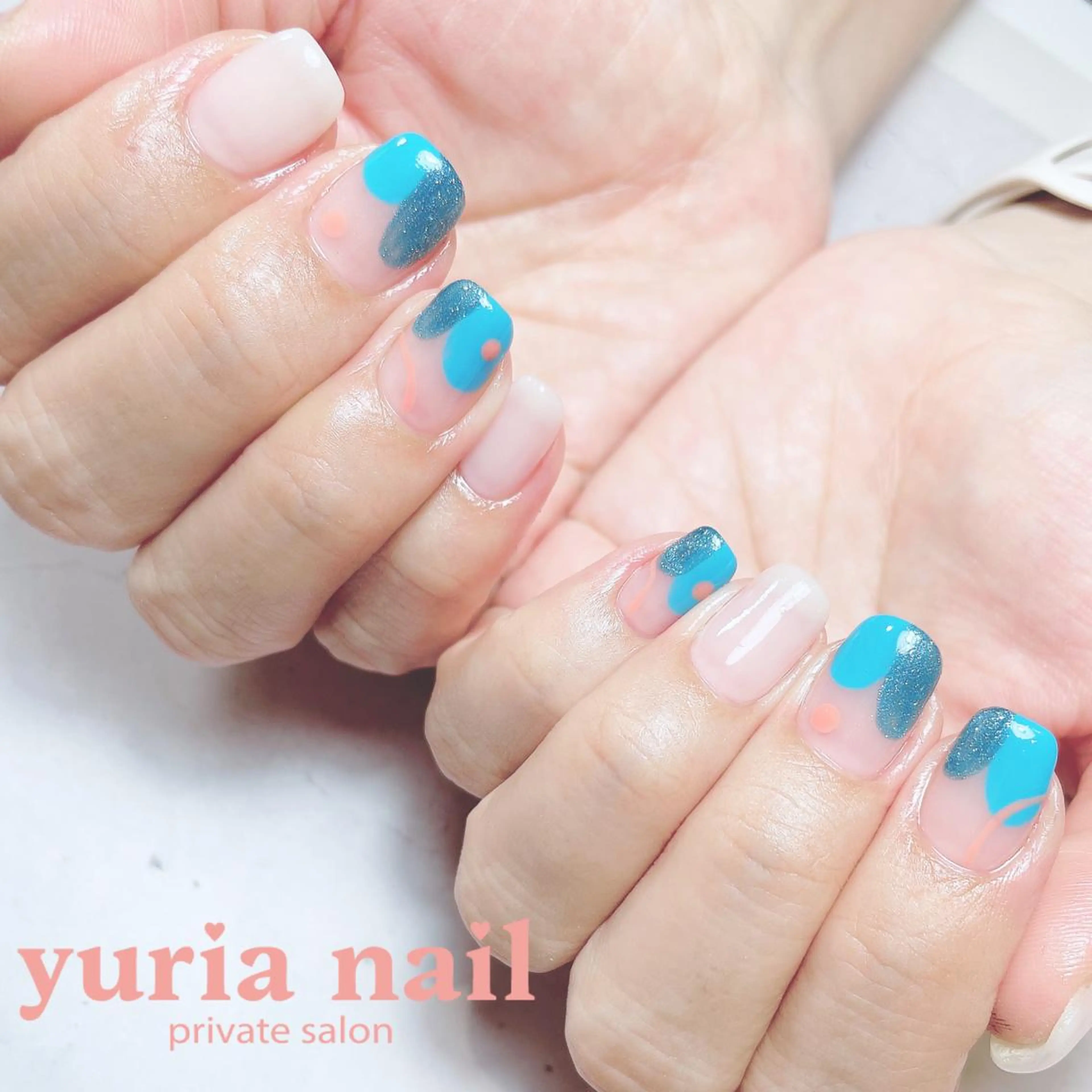 ネイル アートネイル ブルー ジェルネイル 持ち込み ピンク ハンドネイル 小林 ゆりあのネイルデザイン