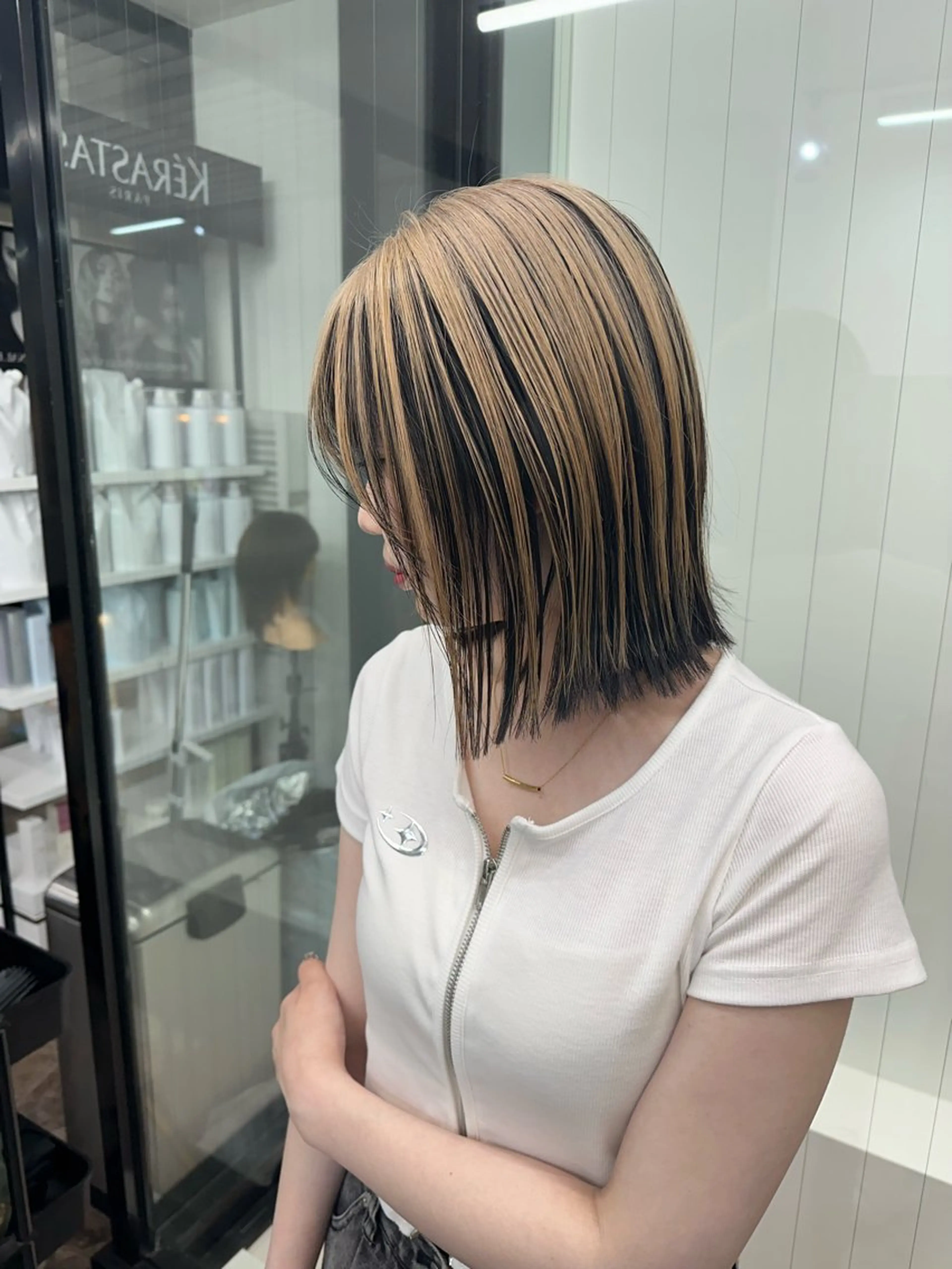 ミディアム ミディアムパーマ ミストバング ハイライト 髪質改善 ヨシンモリ HAIR SMILE COEURのヘアスタイル