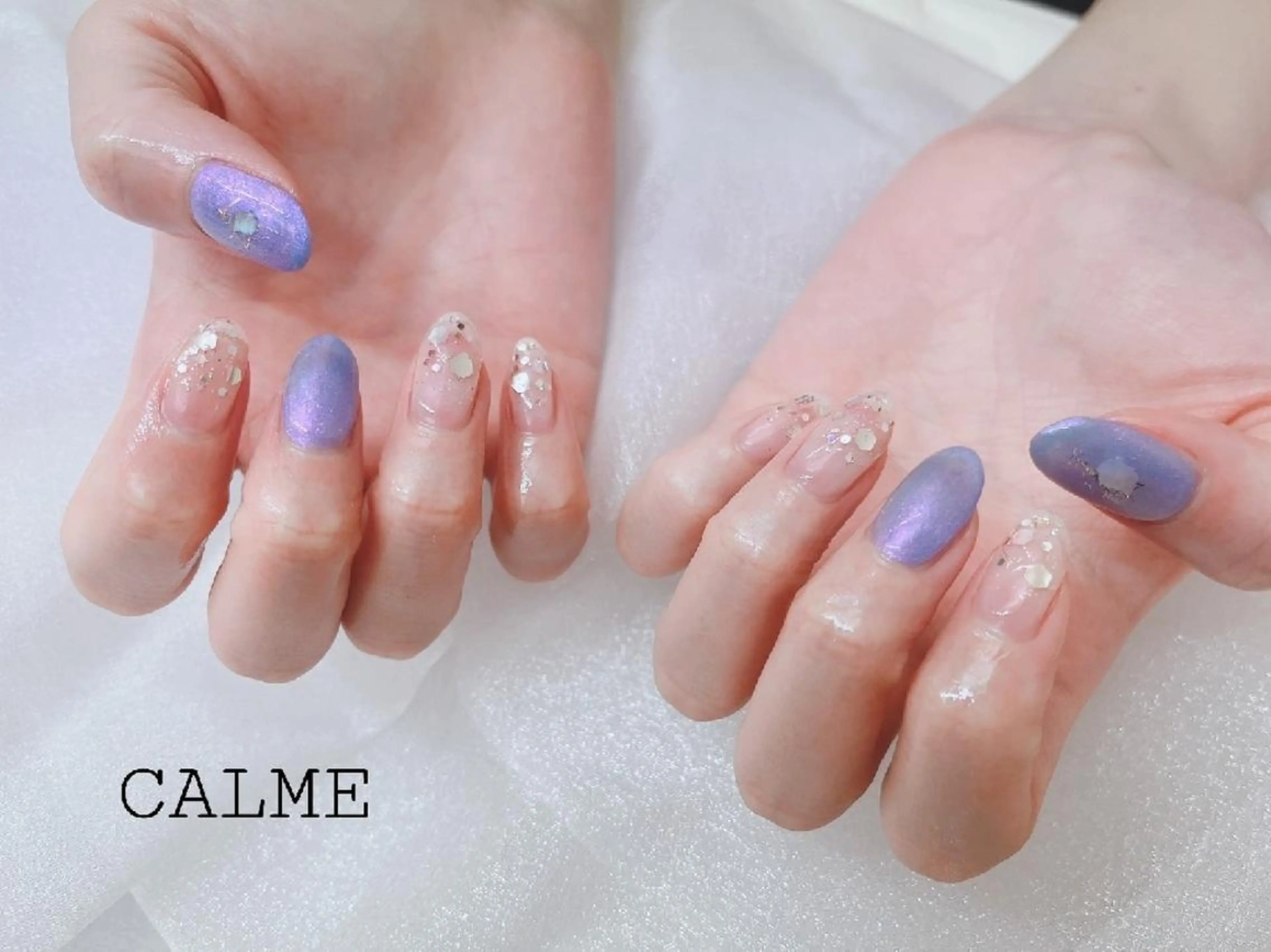ネイル ブルー キラキラネイル 韓国ネイル パープル 夏ネイル ハンドネイル CALME ♡のネイルデザイン