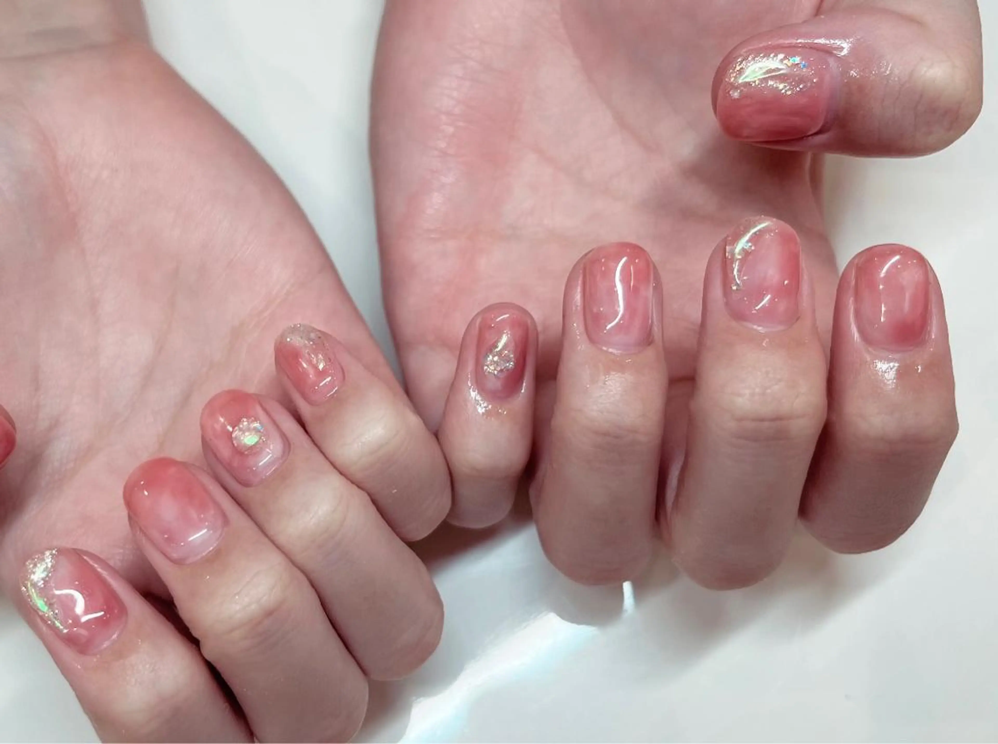 ネイル 氷ネイル・うるうるネイル ピンク ハンドネイル 山本 杏香のネイルデザイン