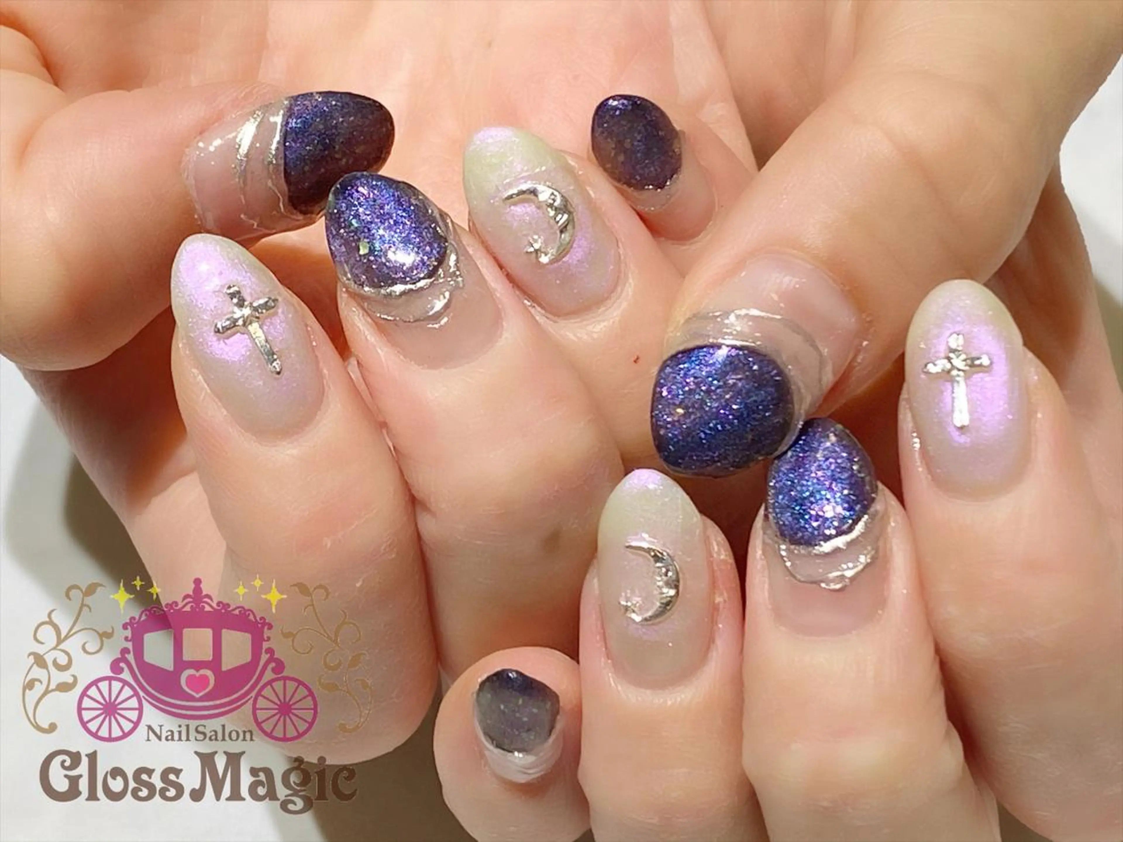 ネイル フレンチネイル ジェルネイル ハロウィン マグネットネイル パープル YUN 💅のネイルデザイン