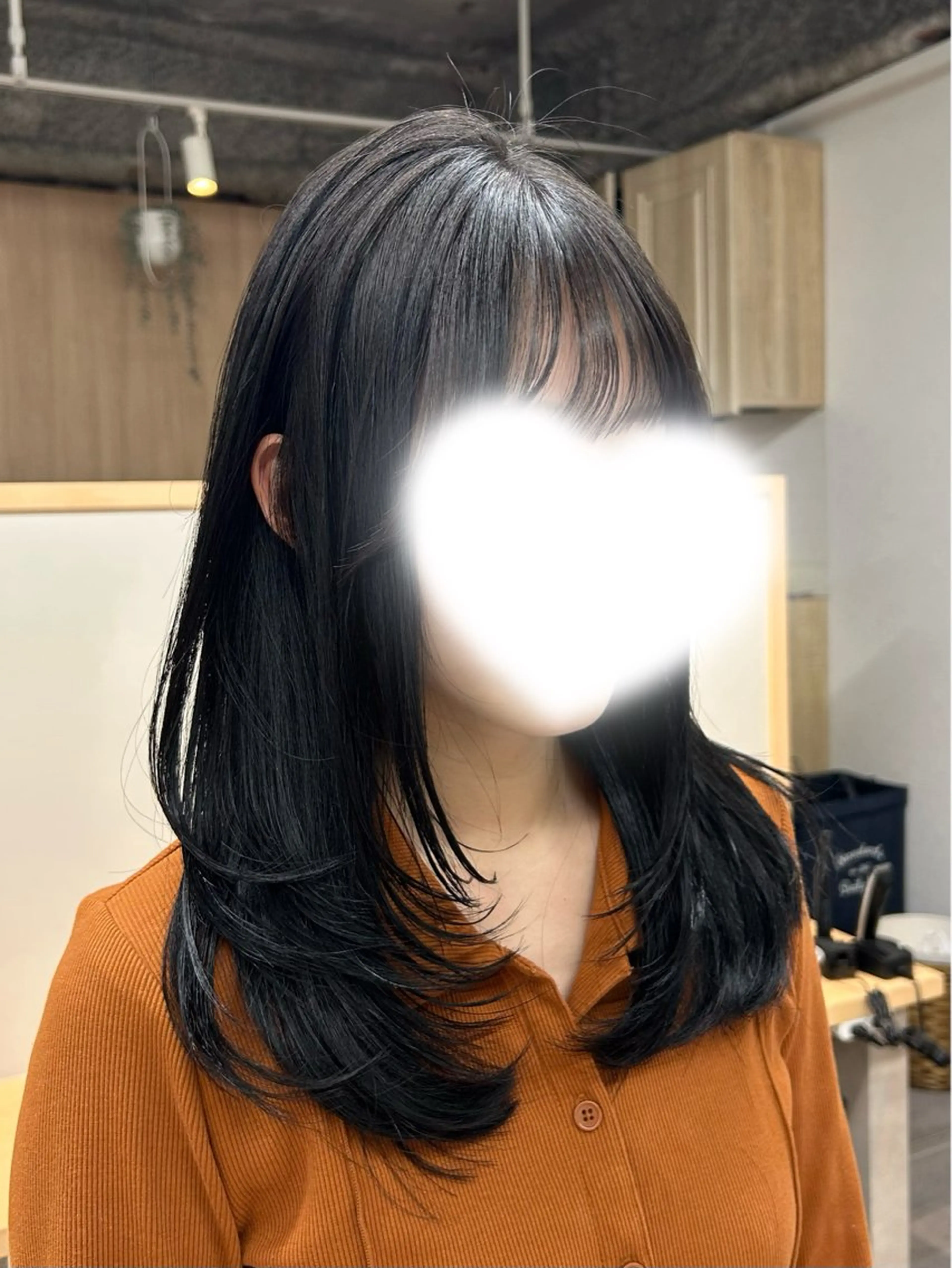 ミディアム カラー 黒髪 ブルーカラー ブルーブラック 顔まわりレイヤー 顔周りカット カット ヘアカラー トリートメント 艶カラー/レイヤー/ ハイトーン/まなみのヘアスタイル