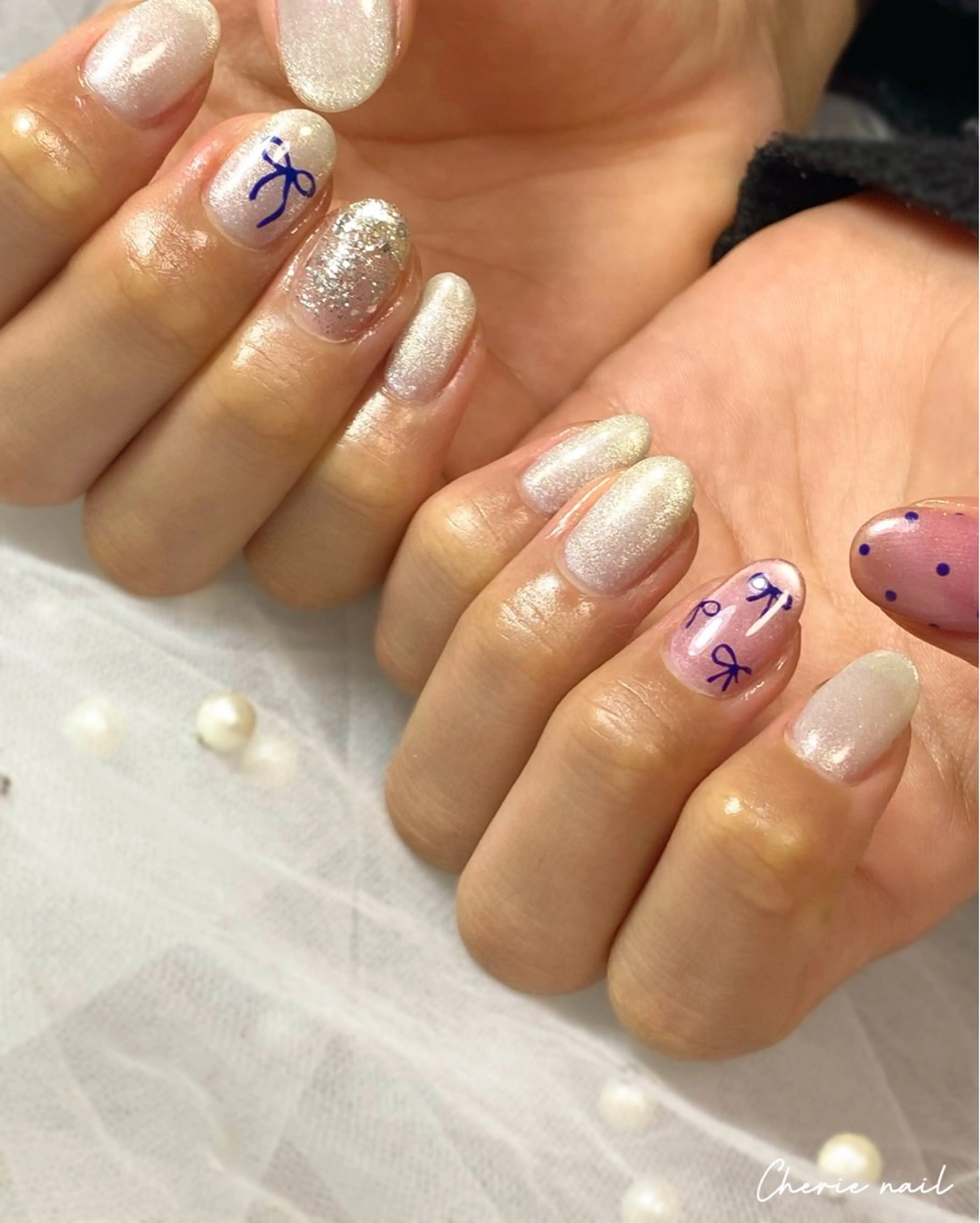 ネイル ドット ジェルネイル マグネットネイル ネイビー ピンク ハンドネイル Cherienail yunaのネイルデザイン